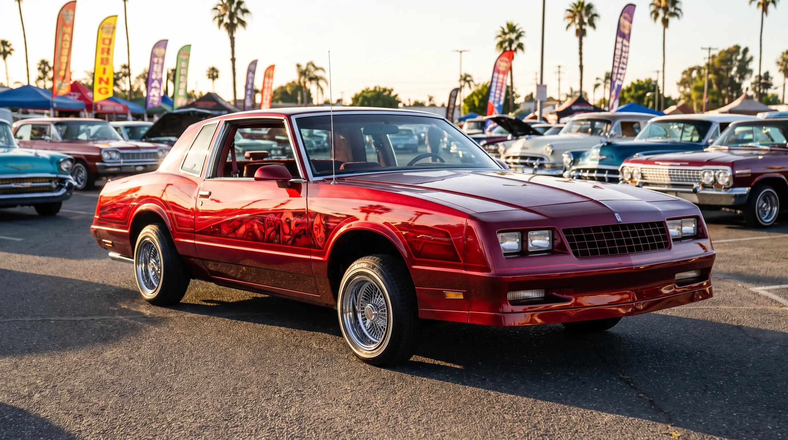 Modern G body Monte Carlo lowrider with mural artwork at a car show