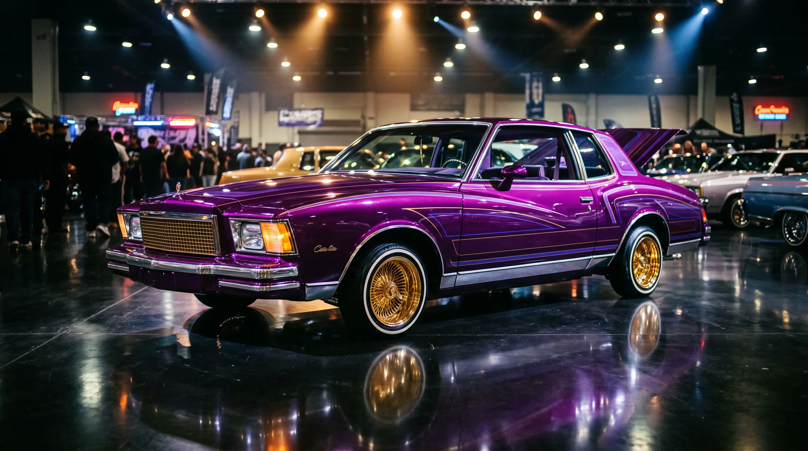 Candy purple 1978 Monte Carlo lowrider on gold wire wheels under show floor lights