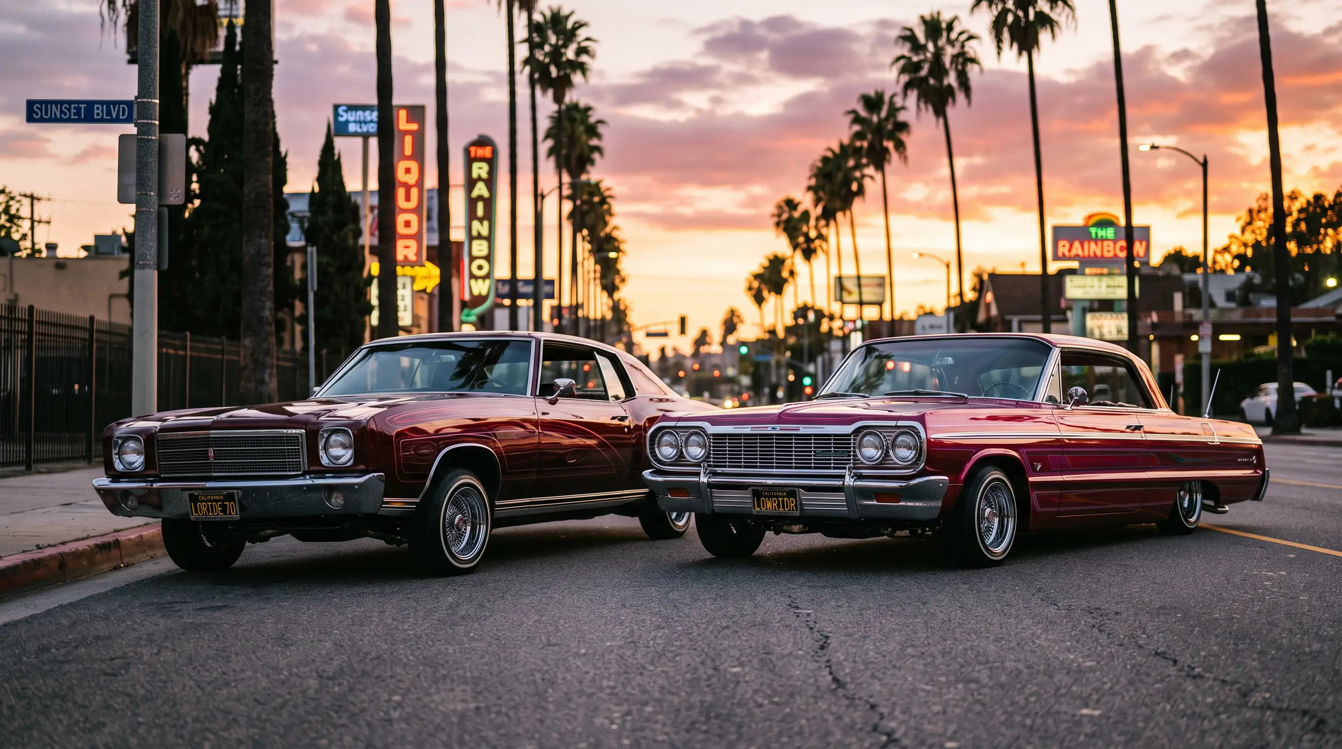 Lowrider Chevrolet Monte Carlo parked beside a lowrider Chevrolet Impala at sunset