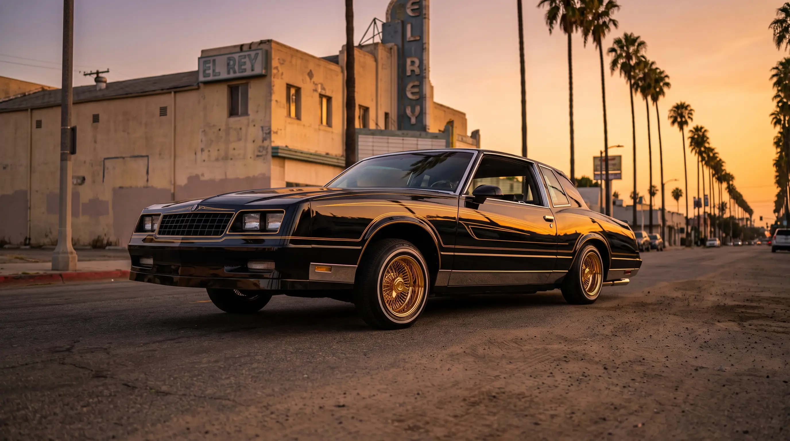 Jet black lowrider Chevrolet Monte Carlo with gold pinstriping on a city street at sunset