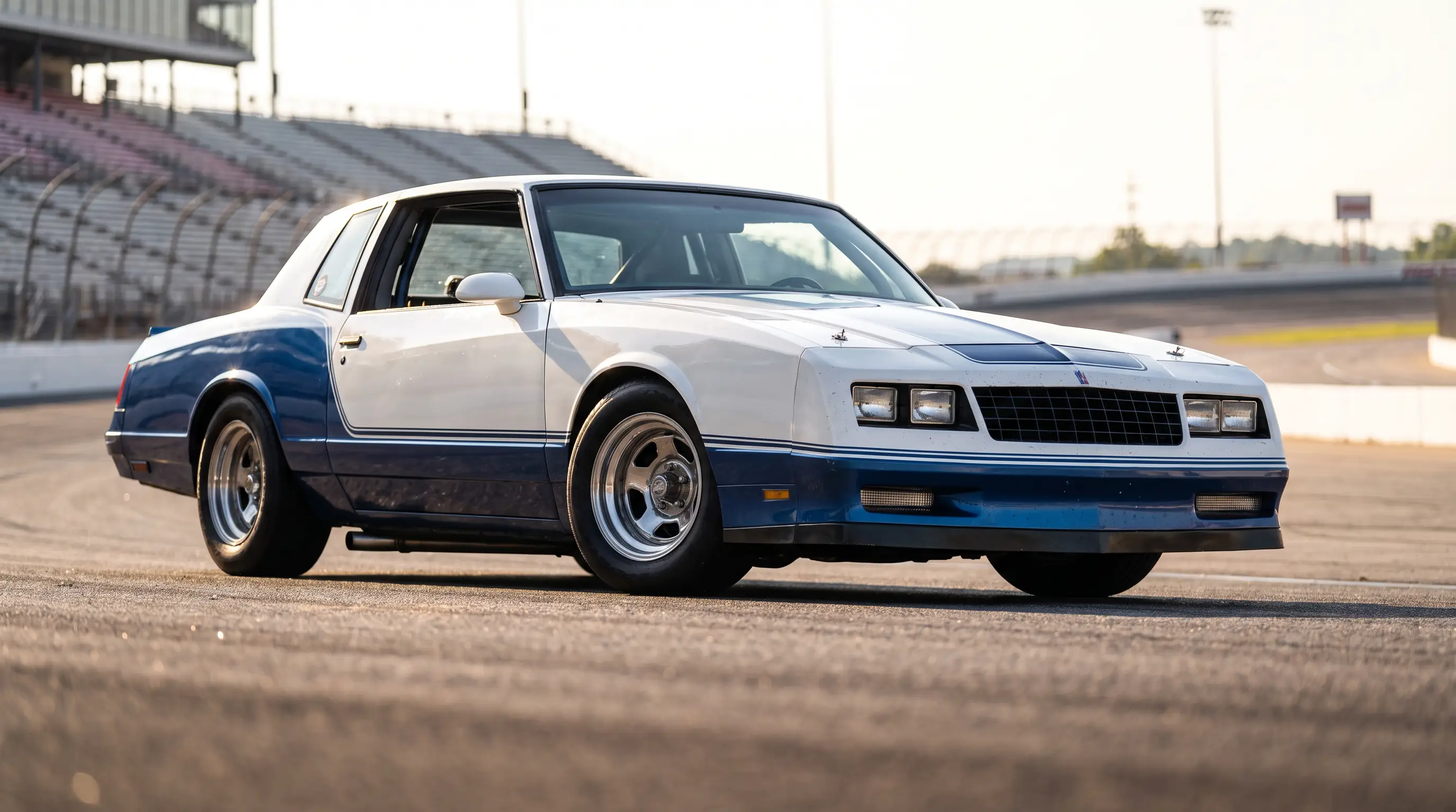 1983 Chevrolet Monte Carlo SS with sloped aero nose on a race track apron