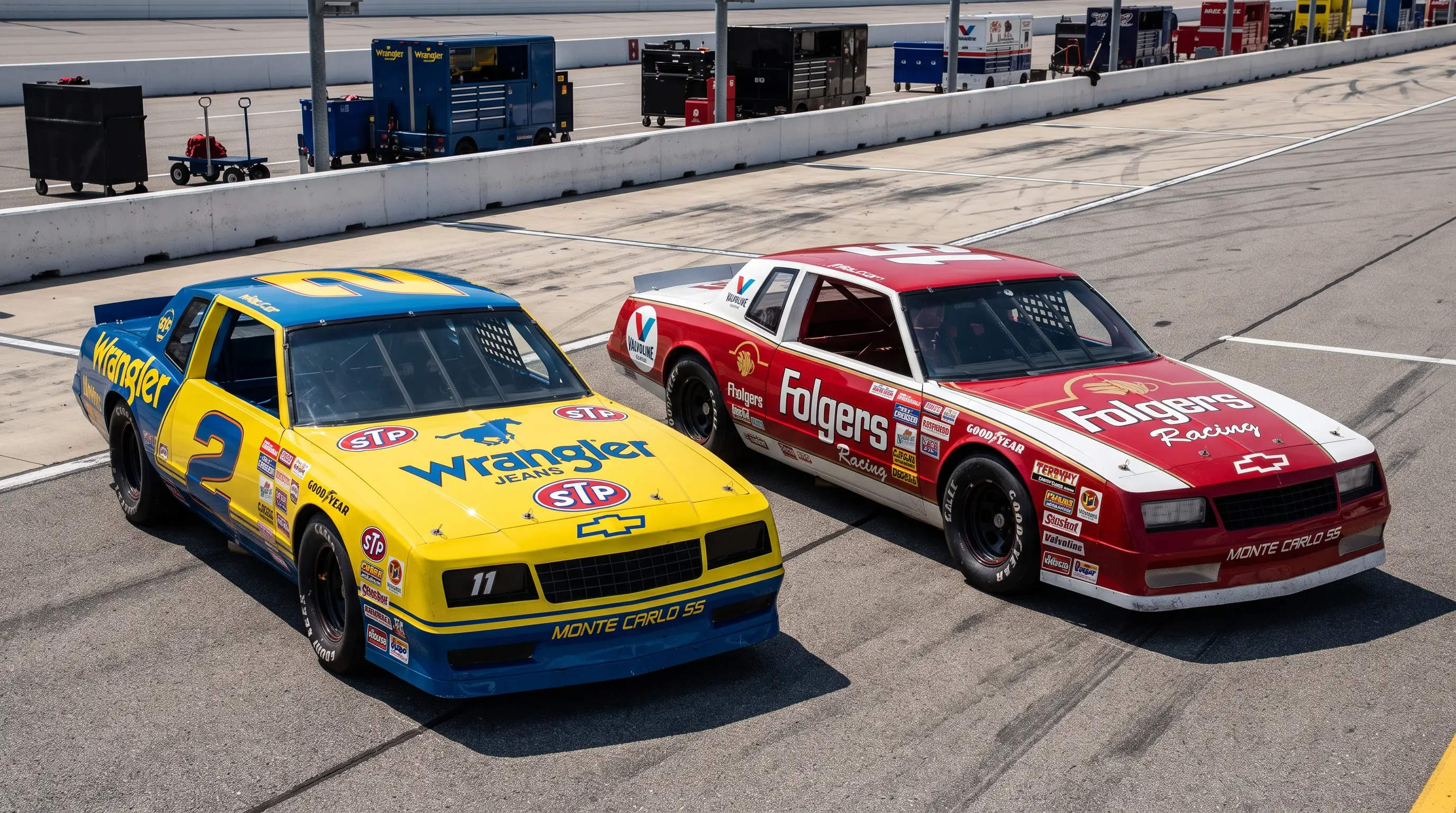 Two liveried 1980s Monte Carlo SS NASCAR stock cars parked together on pit lane