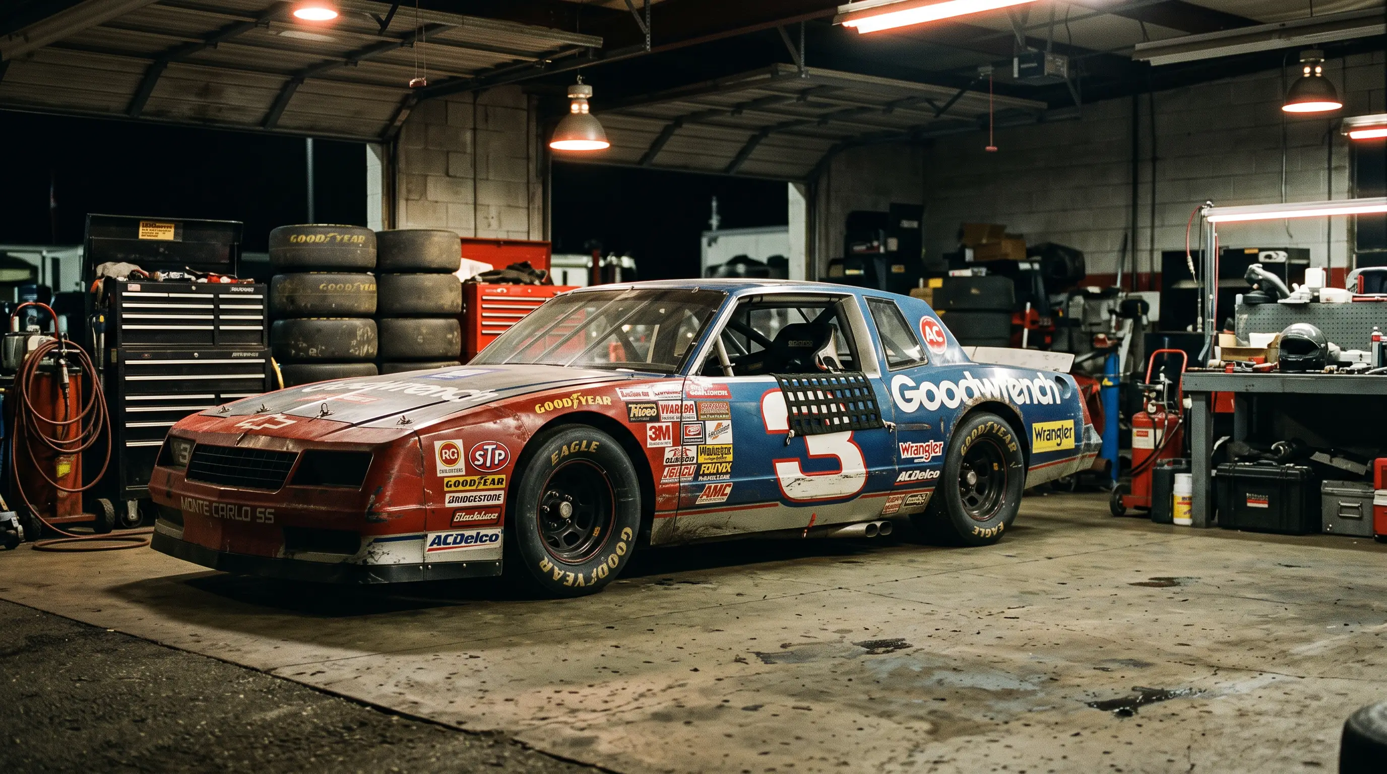 1980s NASCAR Monte Carlo SS race car in a pit garage stall under work lights