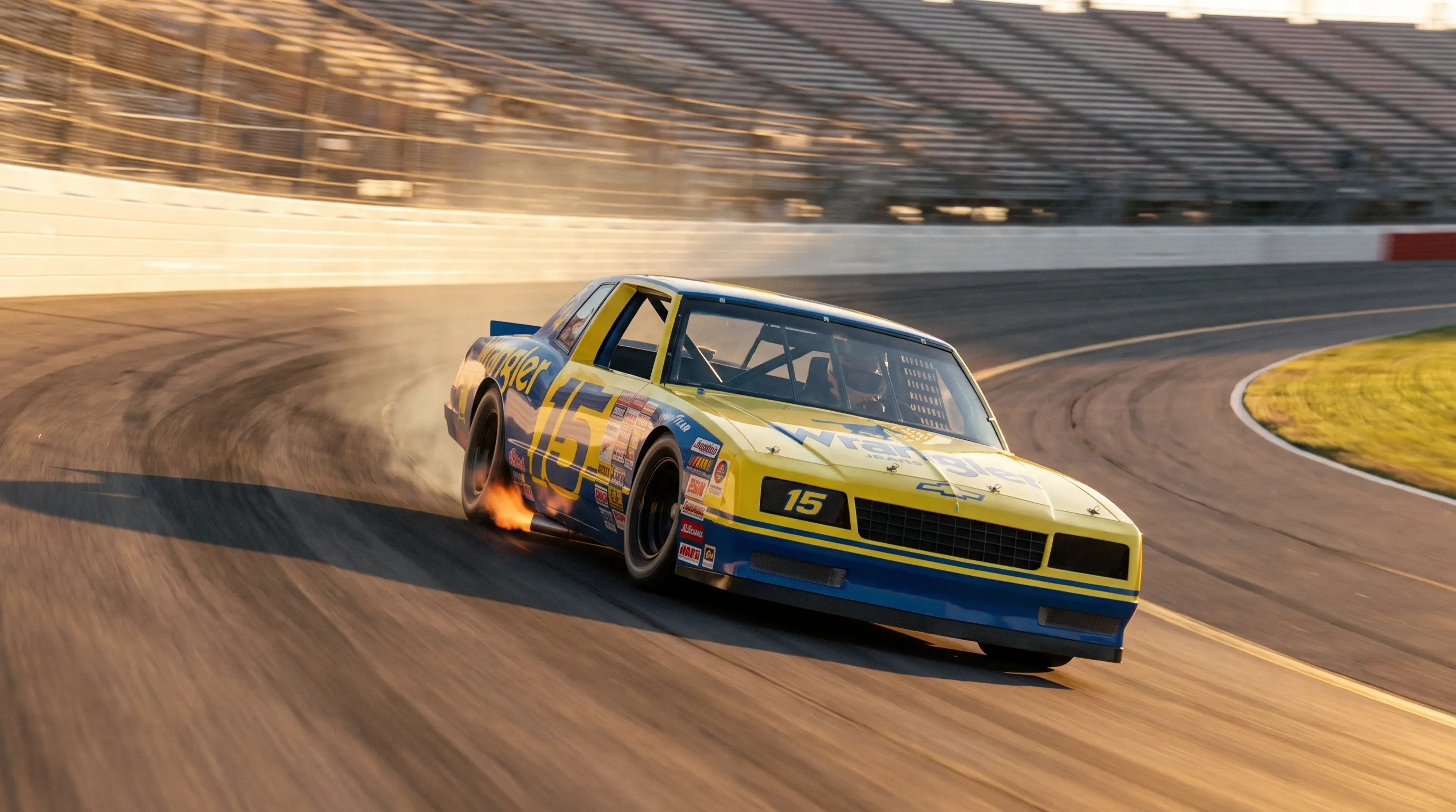 1980s Monte Carlo NASCAR stock car racing on a banked superspeedway at sunset