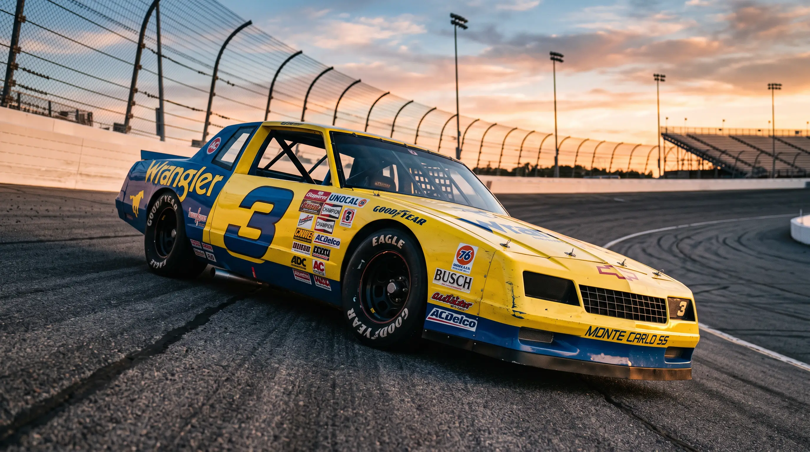 Blue and yellow 1980s NASCAR Monte Carlo SS stock car on a banked speedway at golden hour