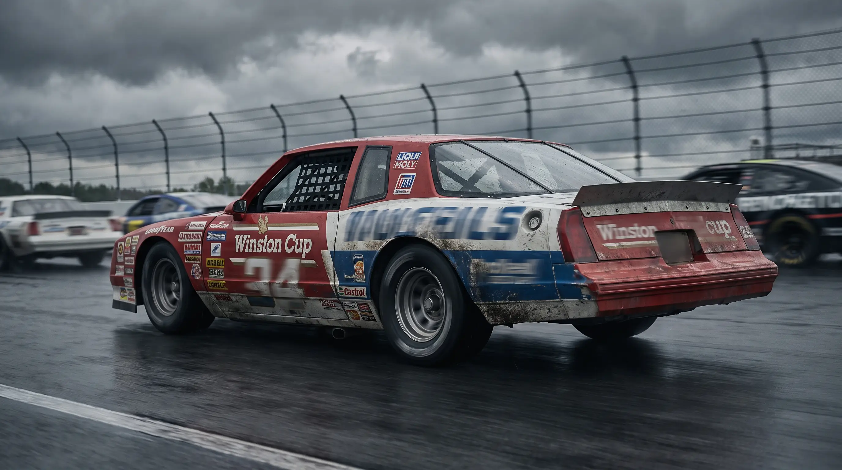 1980s Monte Carlo Aerocoupe NASCAR race car with sloped rear window on track