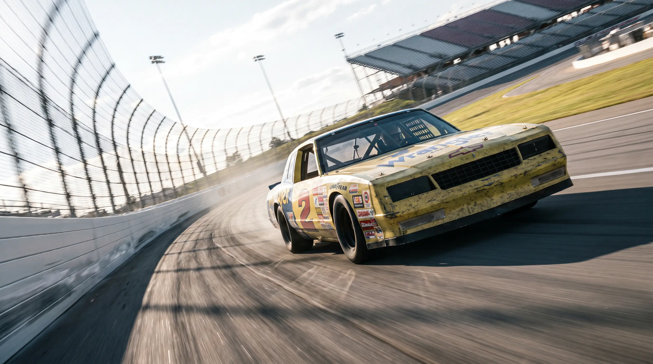 Monte Carlo SS NASCAR stock car banking hard through Talladega Superspeedway turns