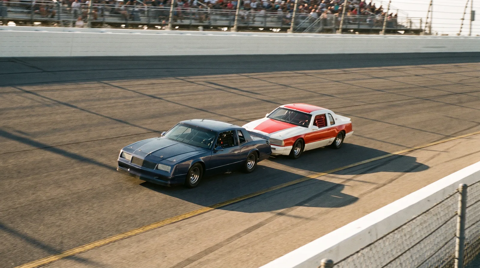 1987 Chevrolet Monte Carlo SS Aerocoupe and 1985 Ford Thunderbird — drafting through a banked turn