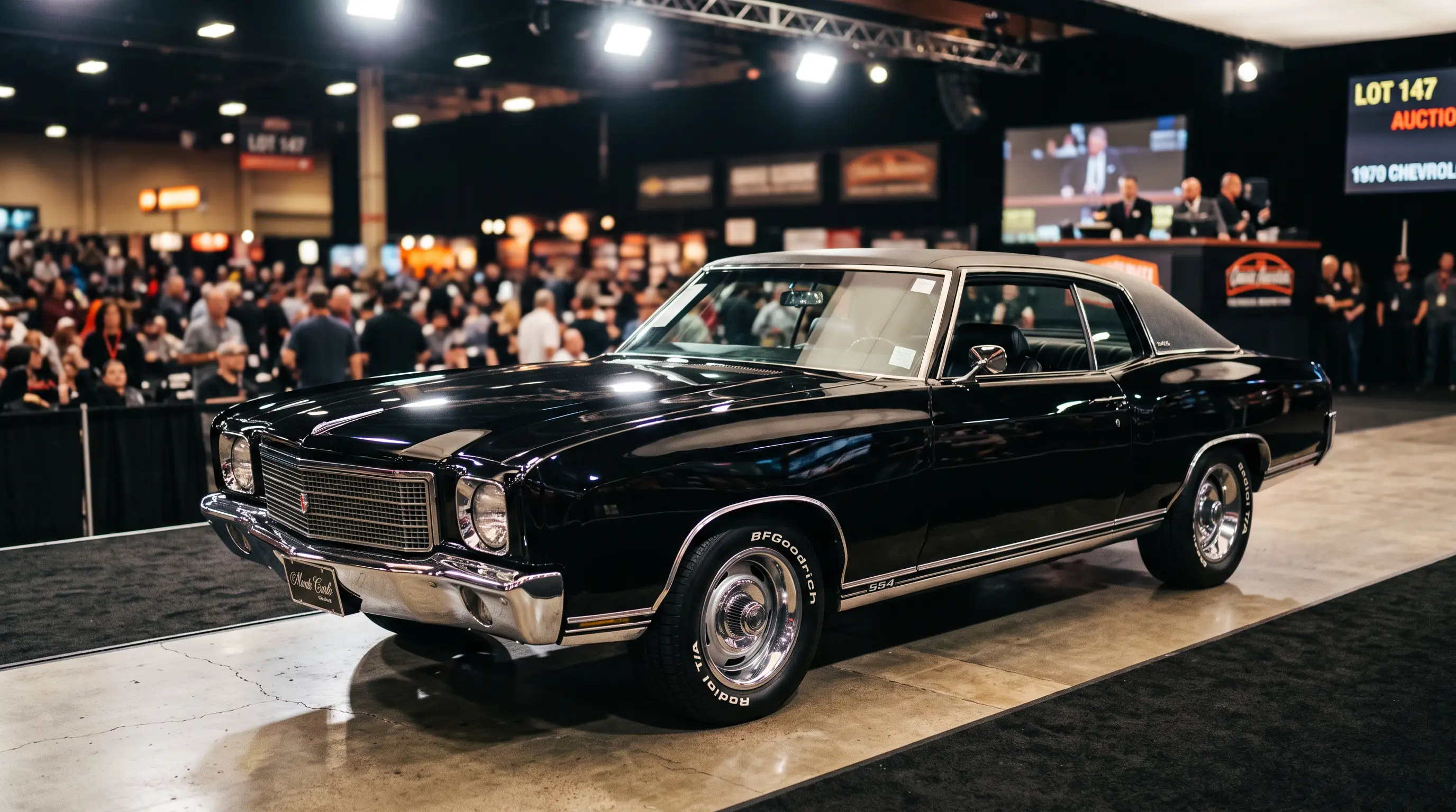 Glossy black Monte Carlo SS under bright auction hall spotlights