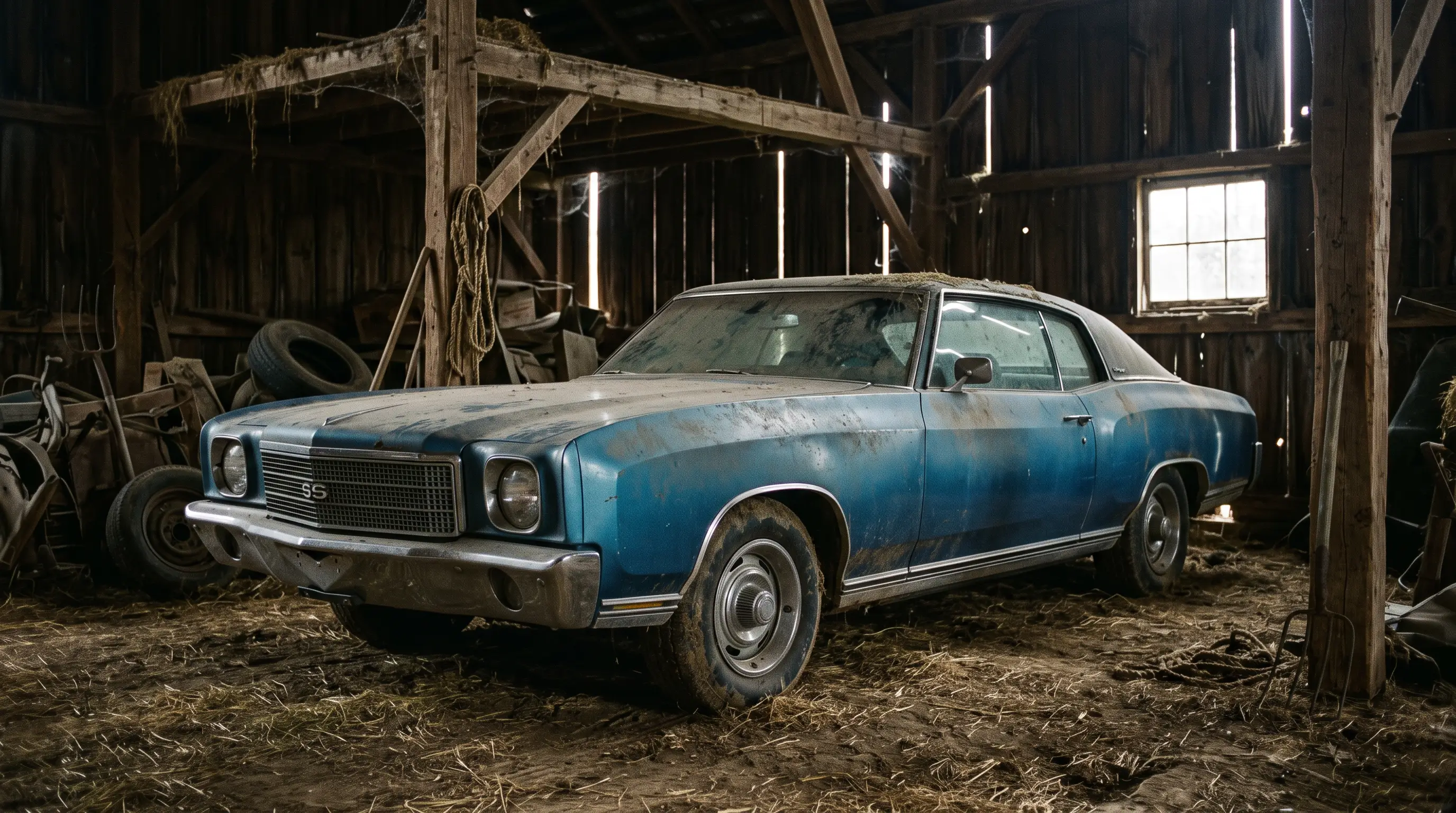 Dusty blue Monte Carlo SS sitting inside an old wooden barn with light streaming in