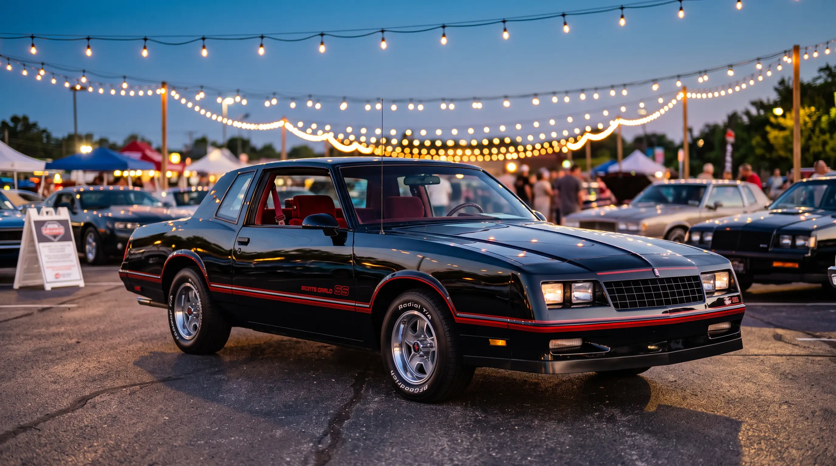 Black 1986 Chevrolet Monte Carlo SS with red pinstripes at an outdoor evening car show