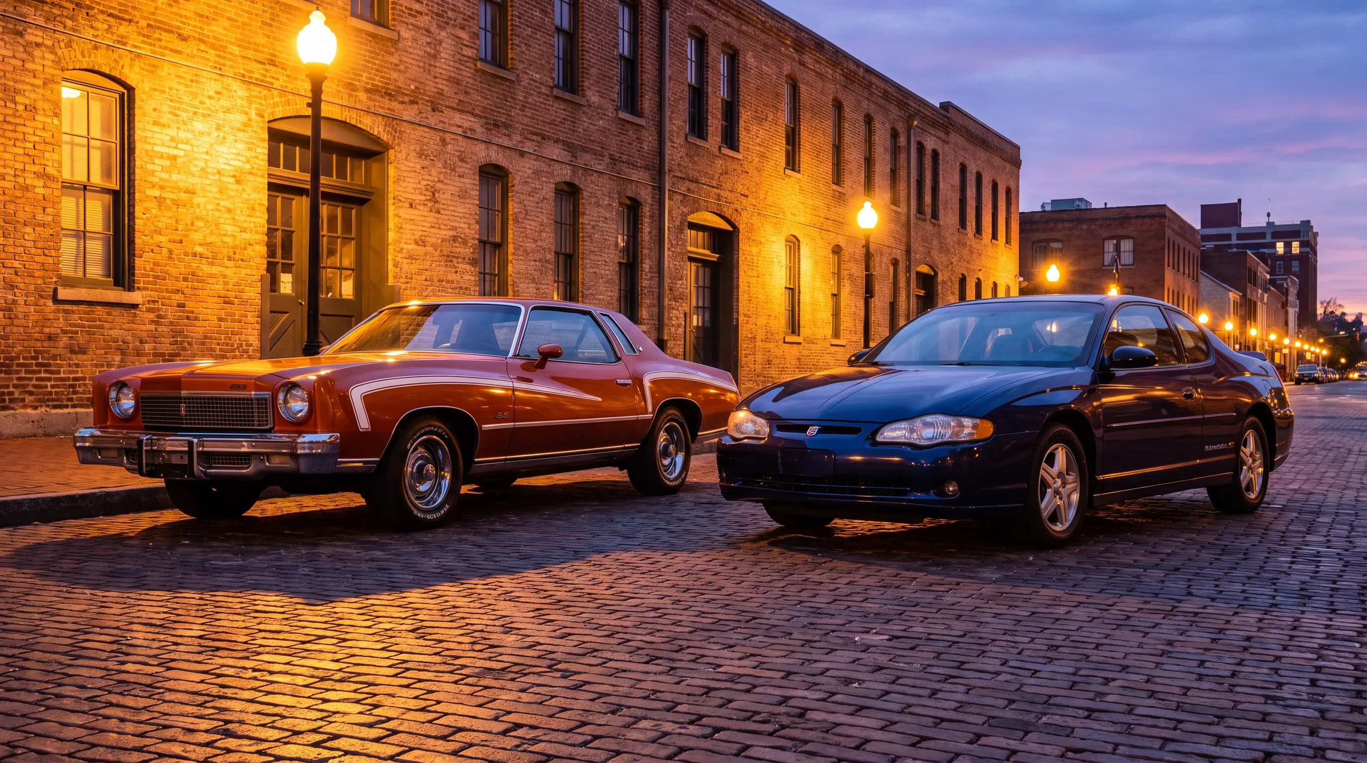 Classic and modern era Chevrolet Monte Carlo SS parked together in evening light