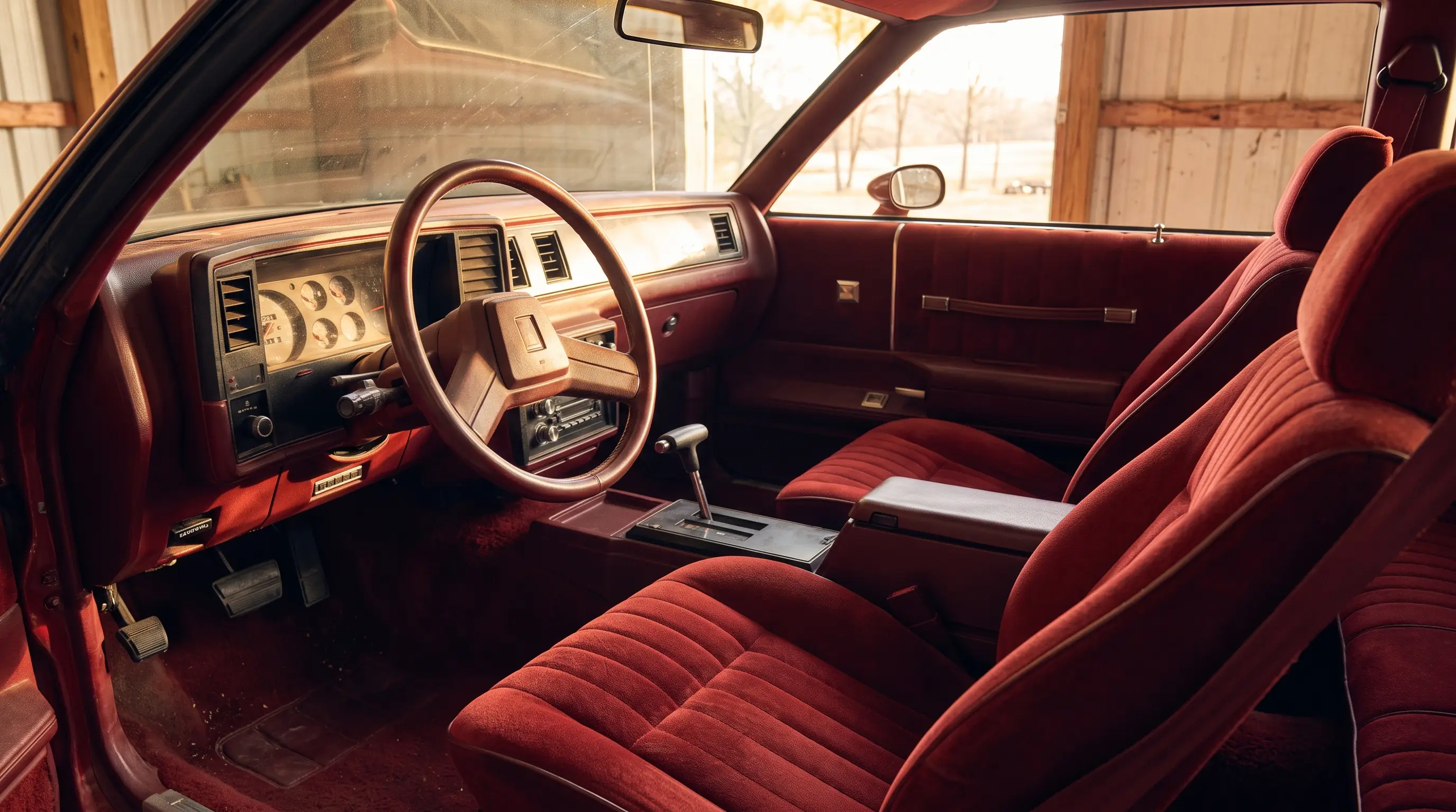 Red cloth bucket seats and console of a 1986 Chevrolet Monte Carlo SS cabin