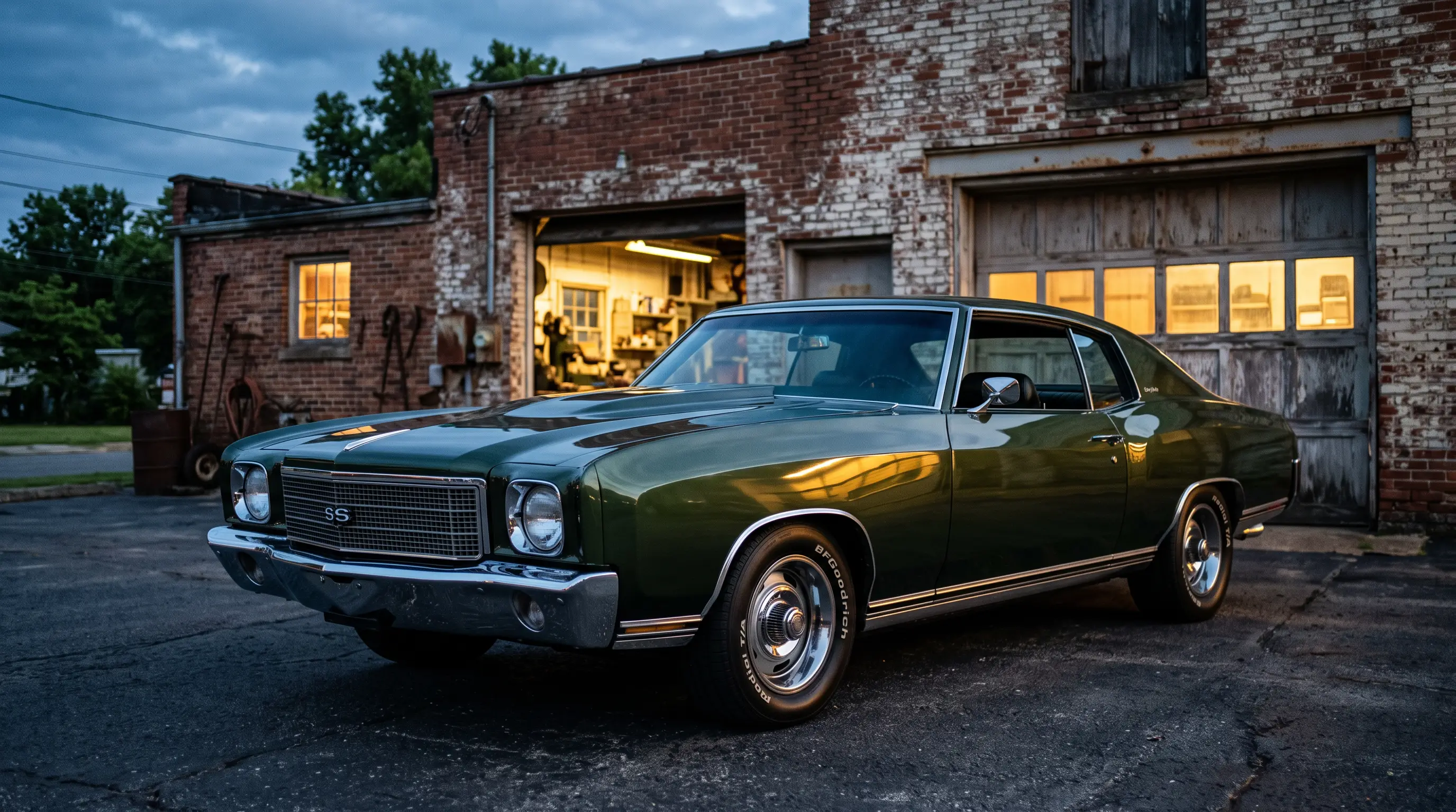 1970 Chevrolet Monte Carlo SS454 in dark green outside a brick garage at dusk