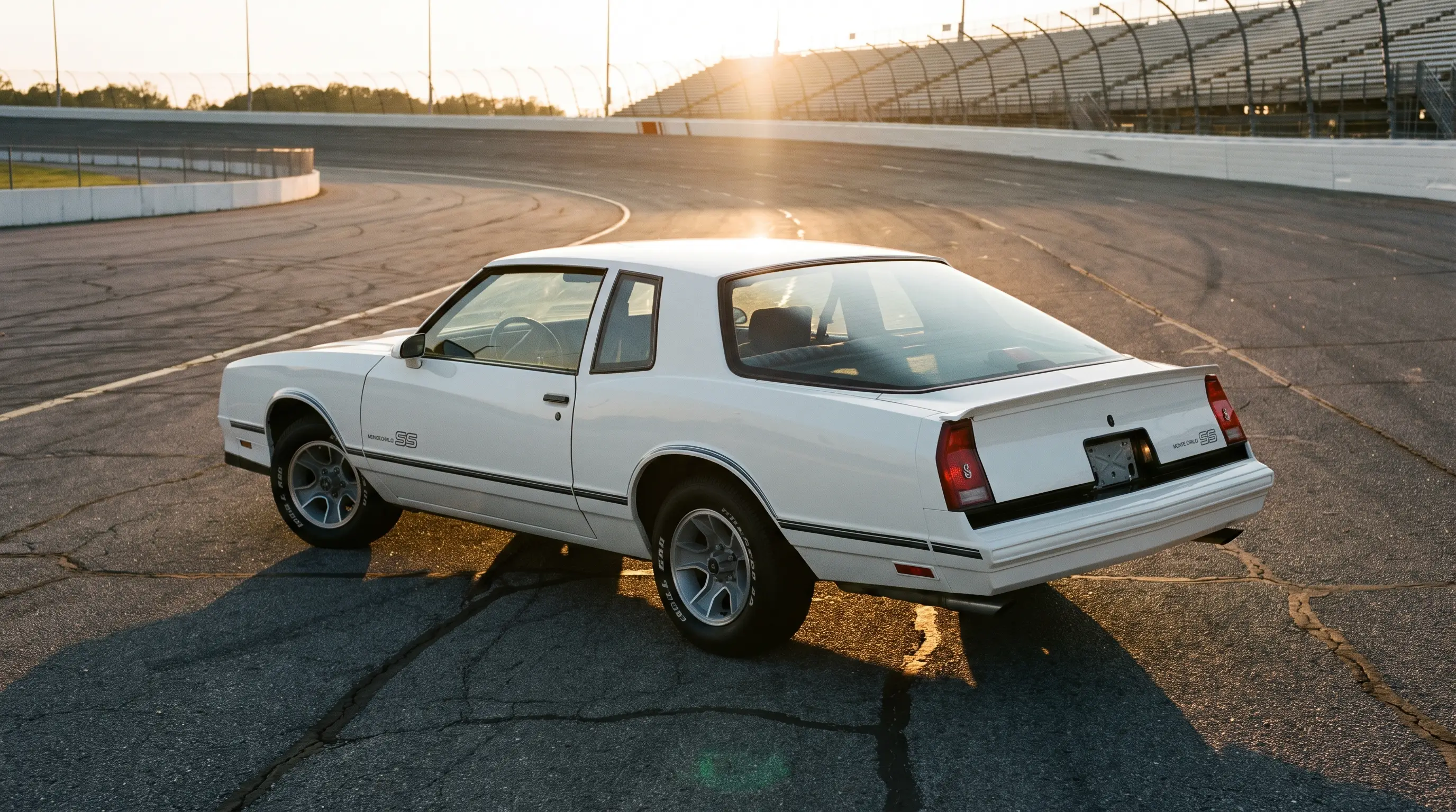 White 1986 Chevrolet Monte Carlo SS Aerocoupe with sloped glass at a test track