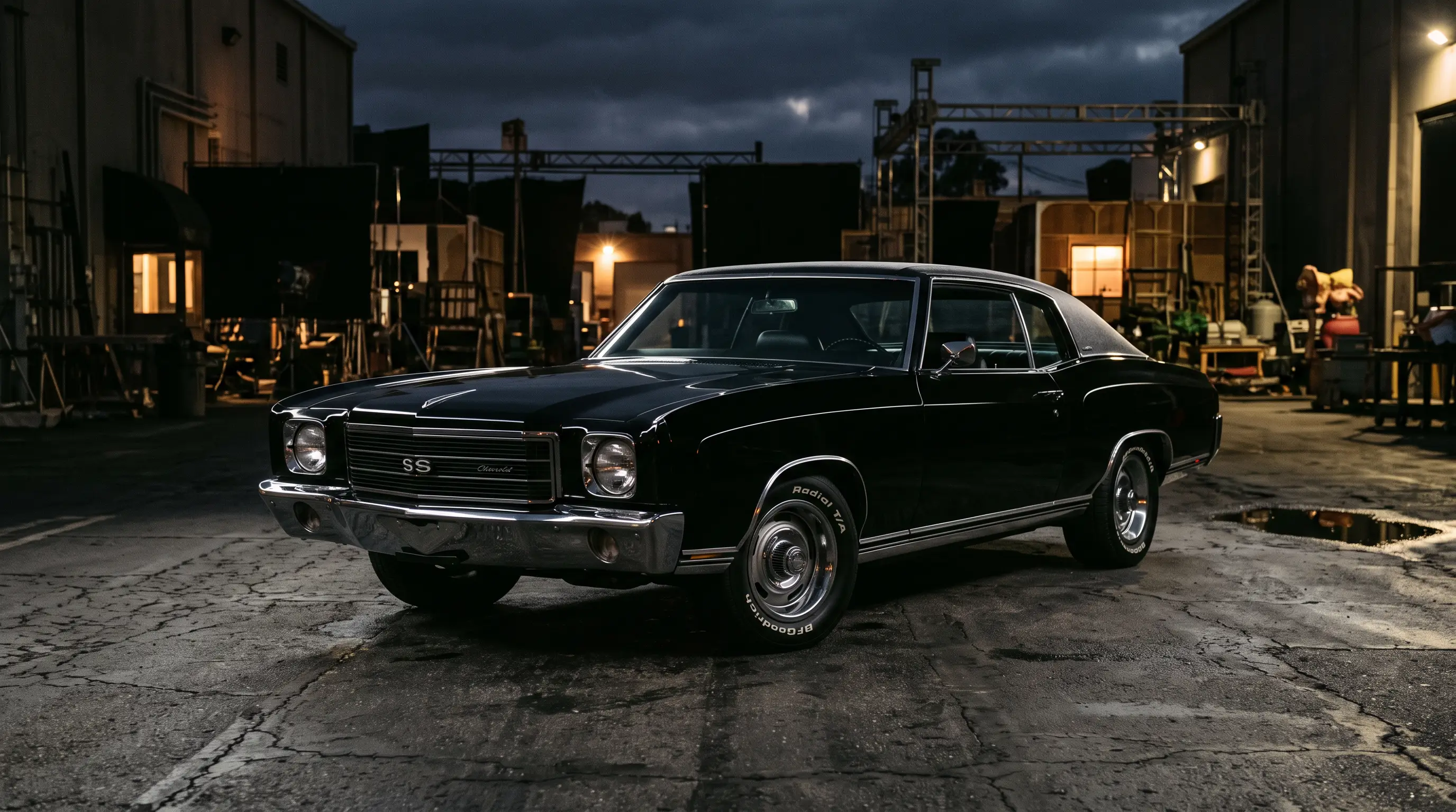 Black 1970 Monte Carlo SS lit dramatically on a film backlot at night