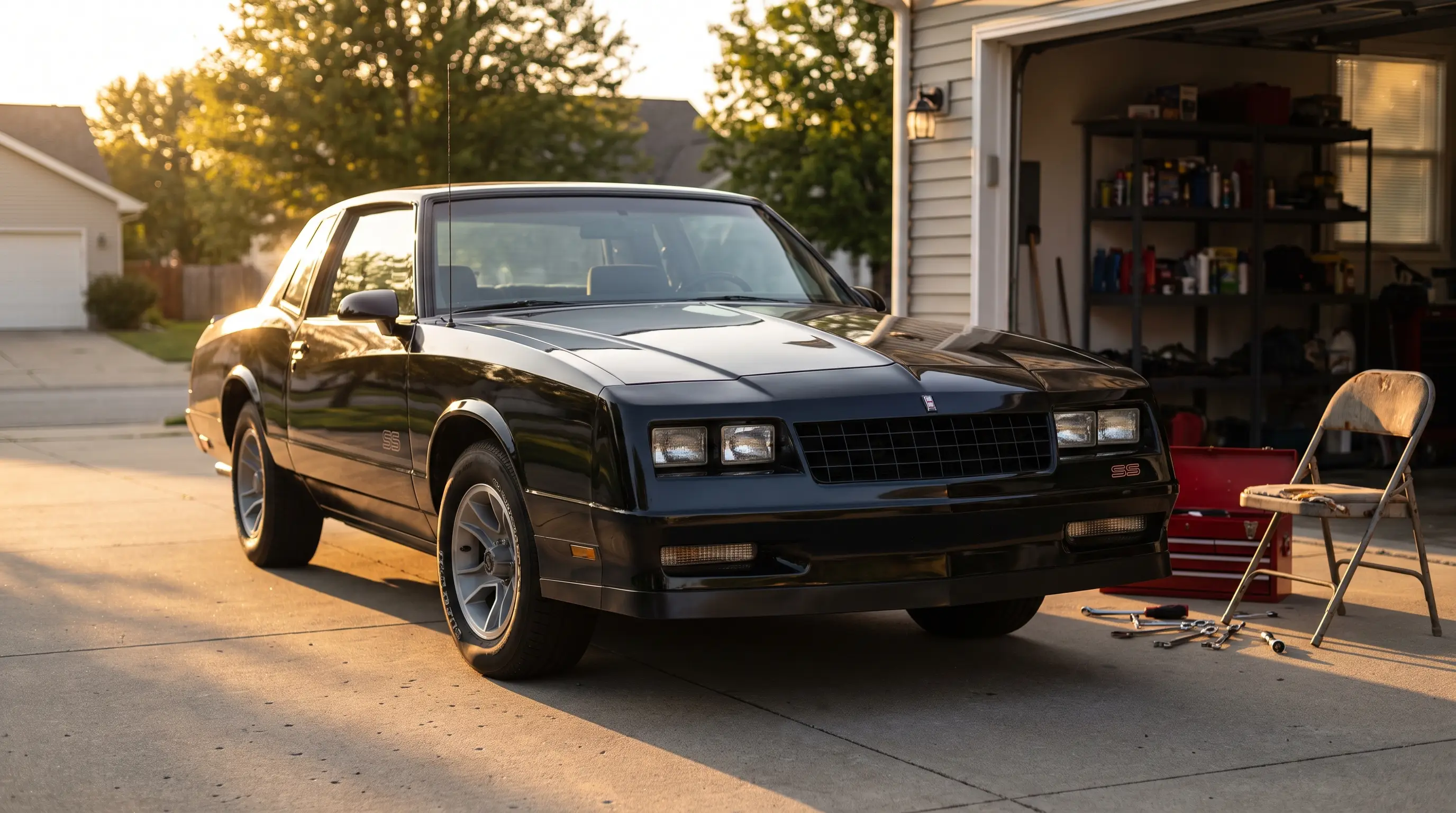 Black Monte Carlo SS parked in a suburban driveway at golden hour with garage tools nearby