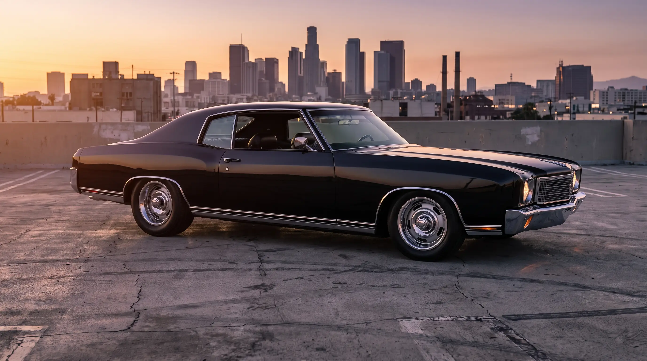 Black 1970 Chevrolet Monte Carlo SS on Rally wheels atop a rooftop deck at sunset
