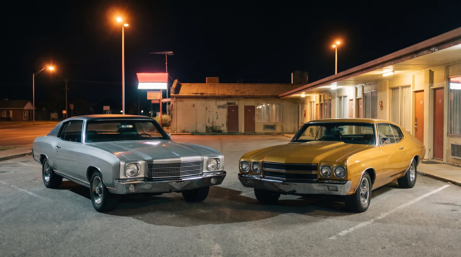 1970 Chevrolet Monte Carlo SS and Chevelle SS — side by side at a motel at night