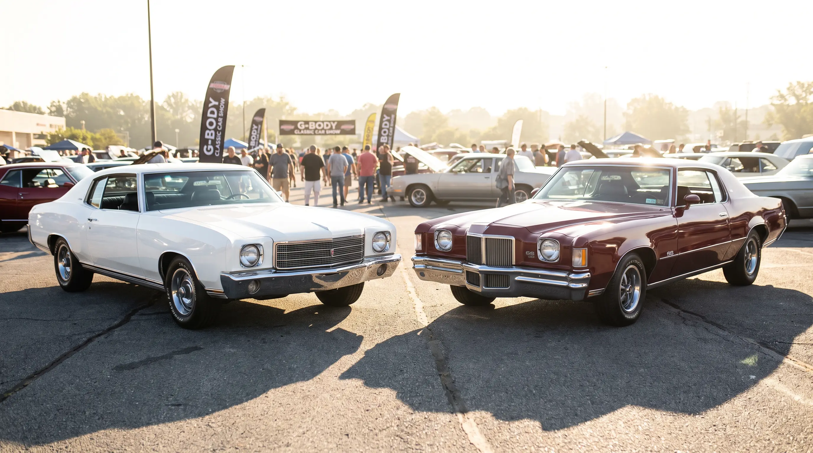 White Monte Carlo SS and burgundy Grand Prix SS parked nose to nose at a car show