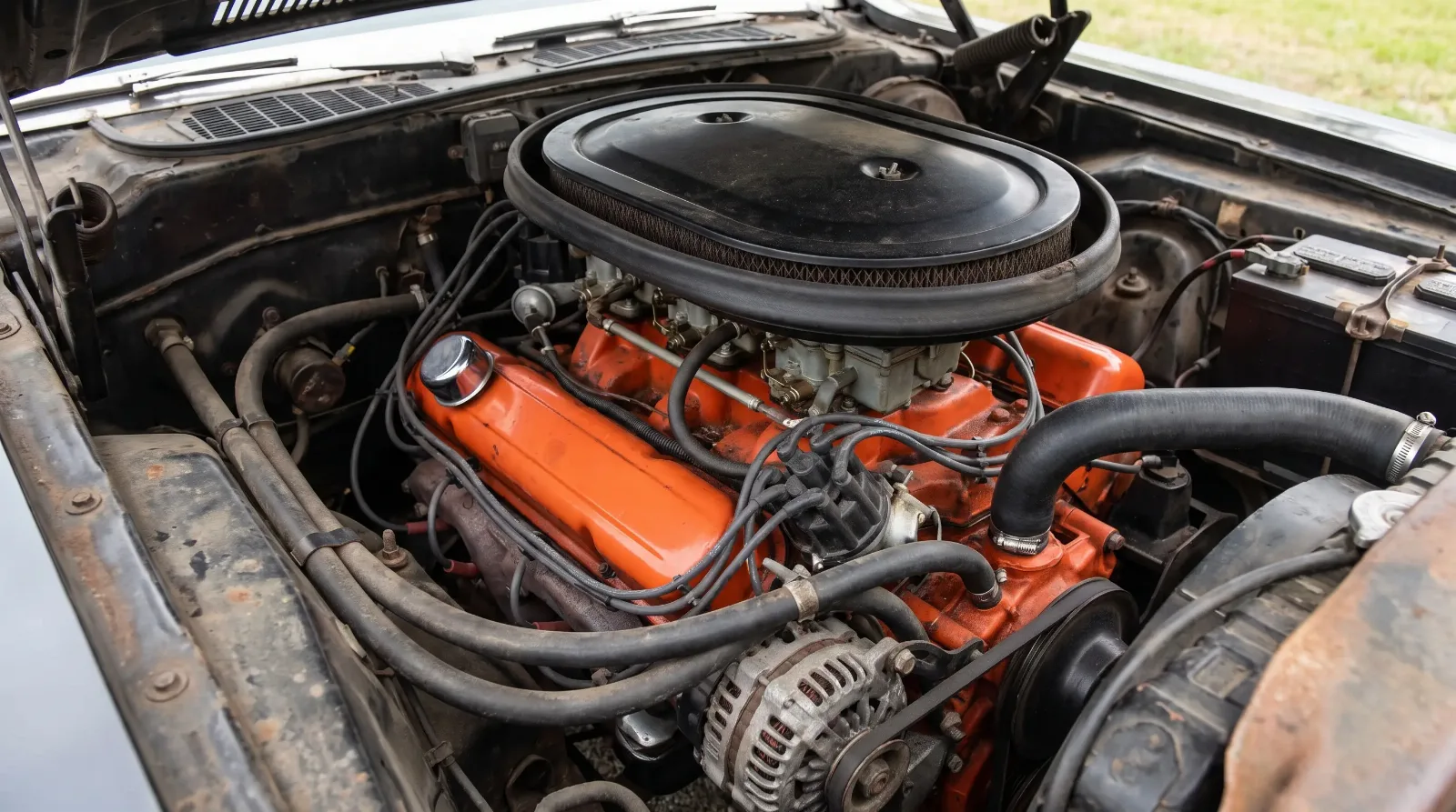 Open engine bay of a 1970 Dodge Challenger T/A showing its 340 cubic-inch small-block V8