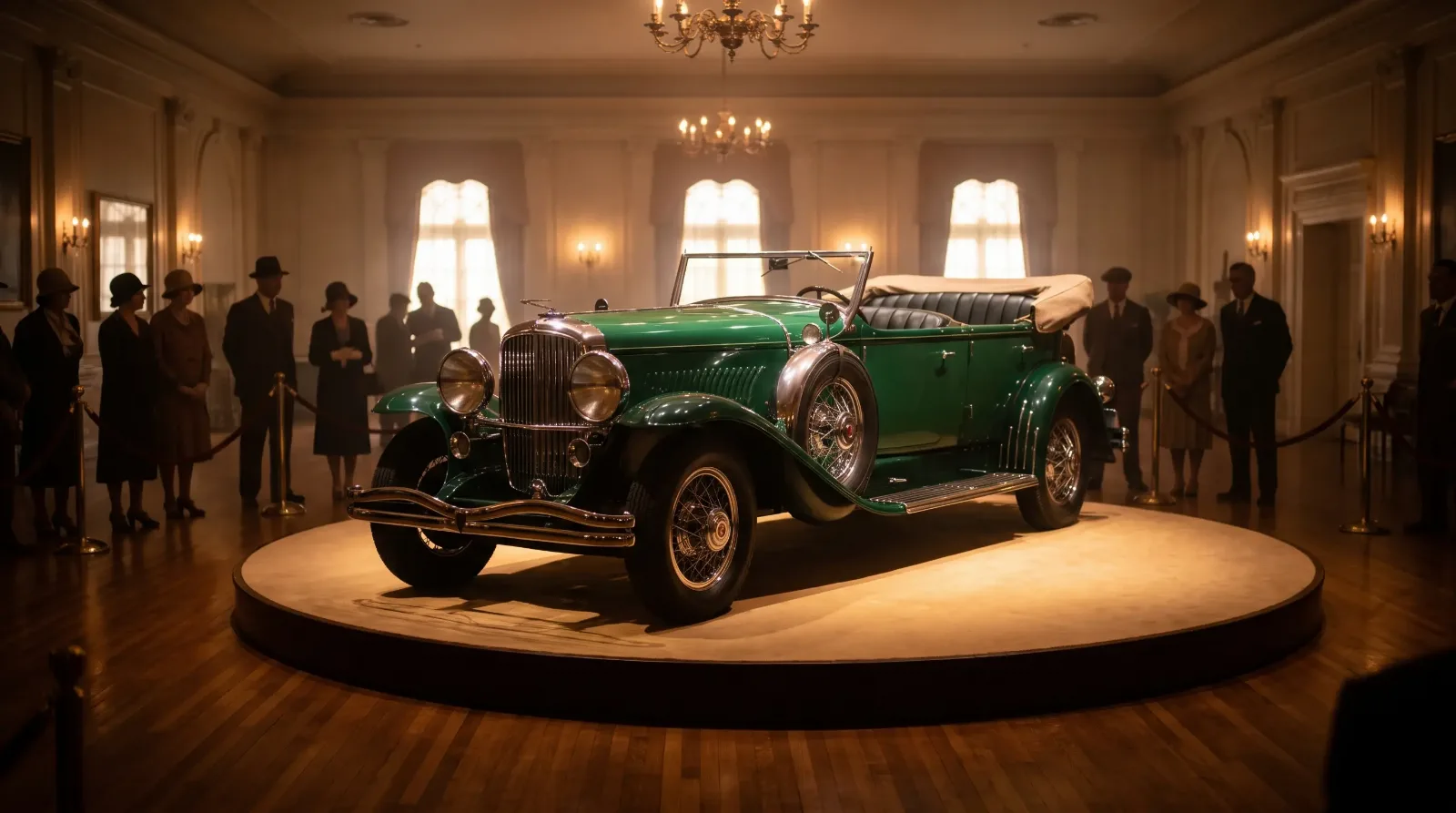 Duesenberg Model J coachbuilt car in auction showroom