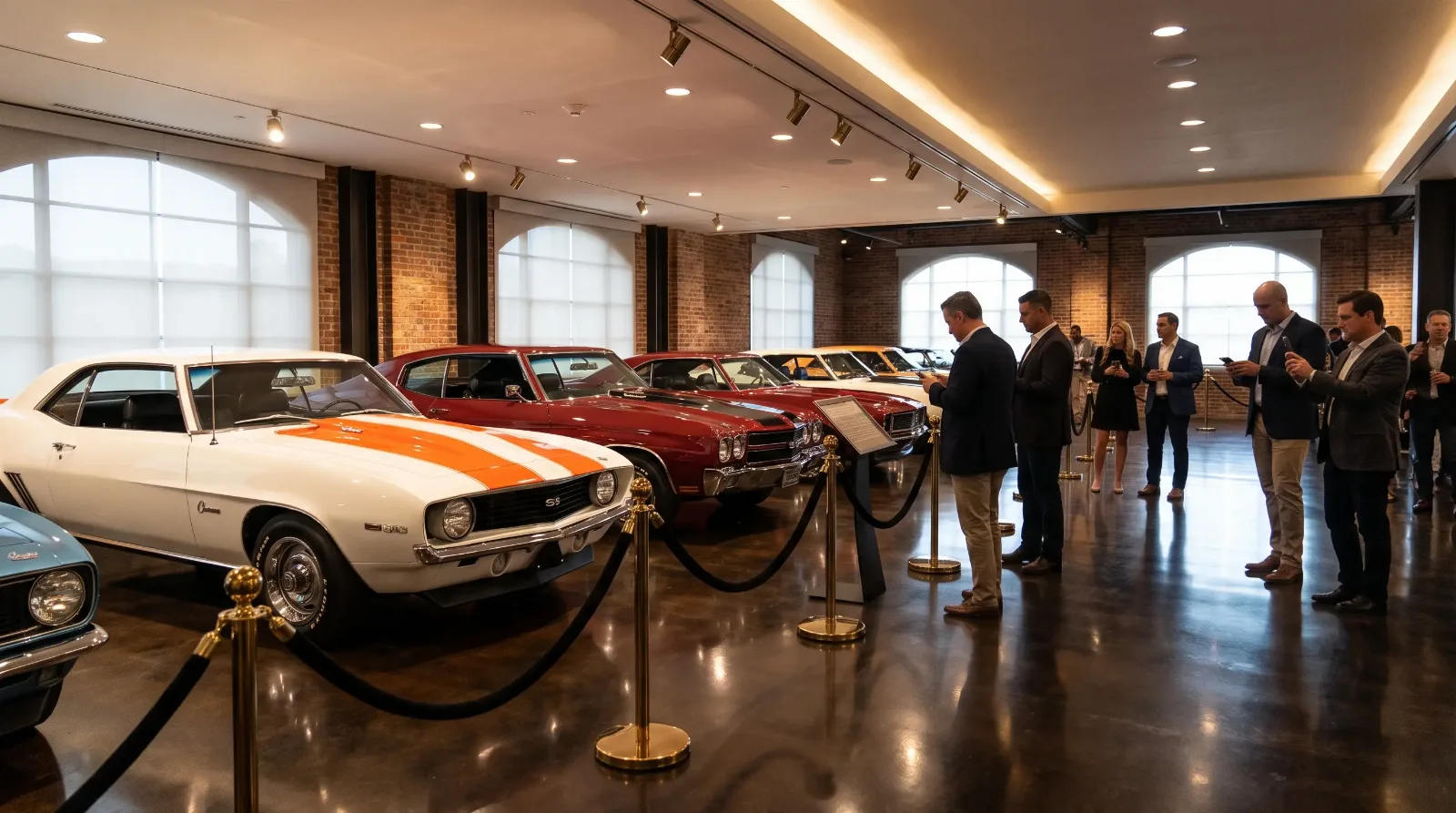 Row of blue-chip classic American muscle cars in an upscale collector gallery