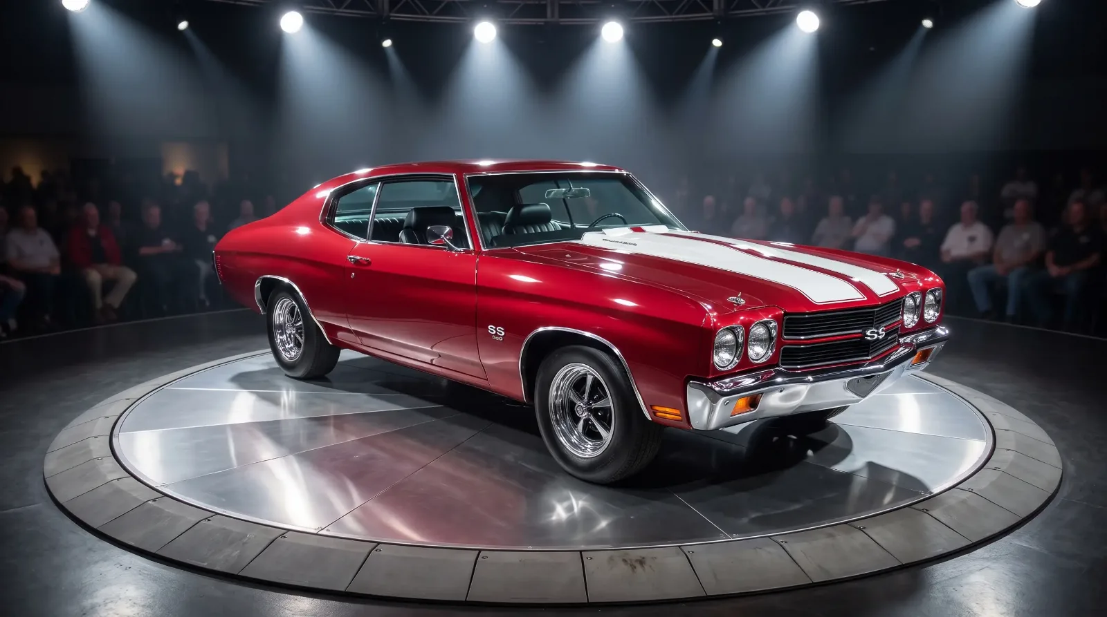 Cranberry-red 1970 Chevrolet Chevelle SS LS6 454 on an auction display platform under spotlights