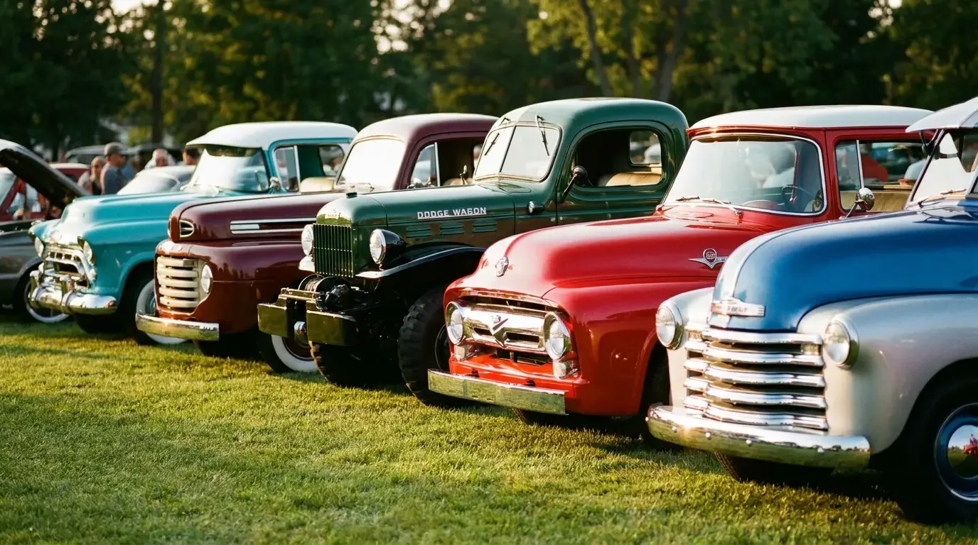 A proud row of iconic restored classic American pickup trucks lined up at a premier collector car show in golden hero lighting