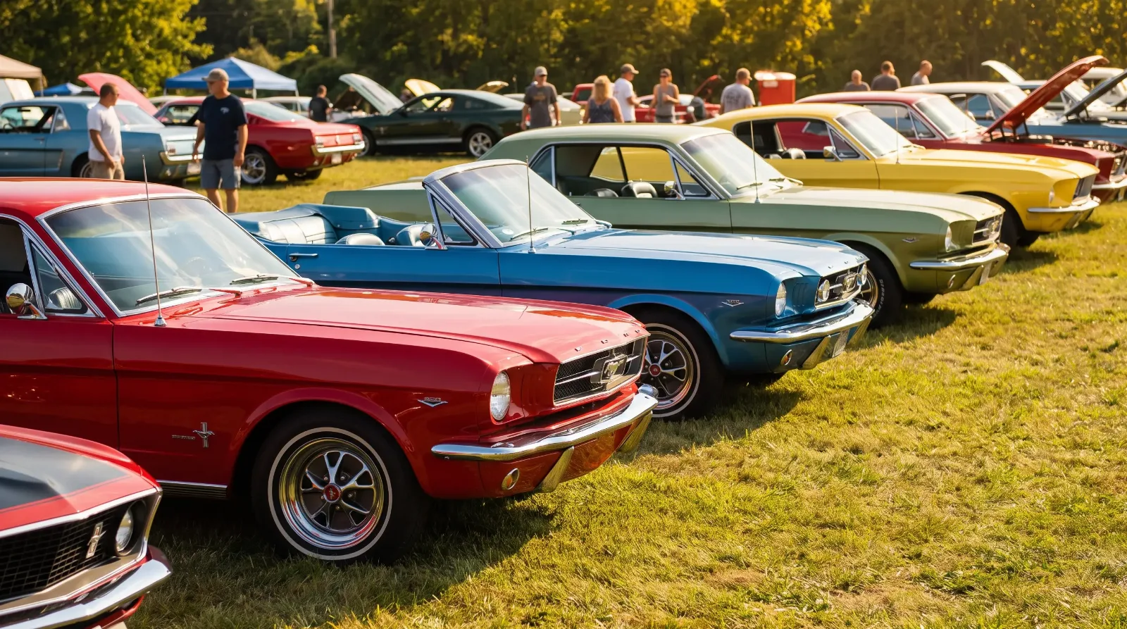 Group of classic Ford Mustangs at a car show