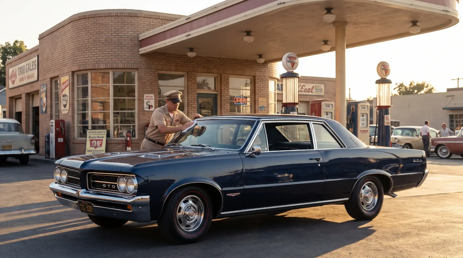 1964 Pontiac GTO midnight blue at a vintage 1960s American gas station