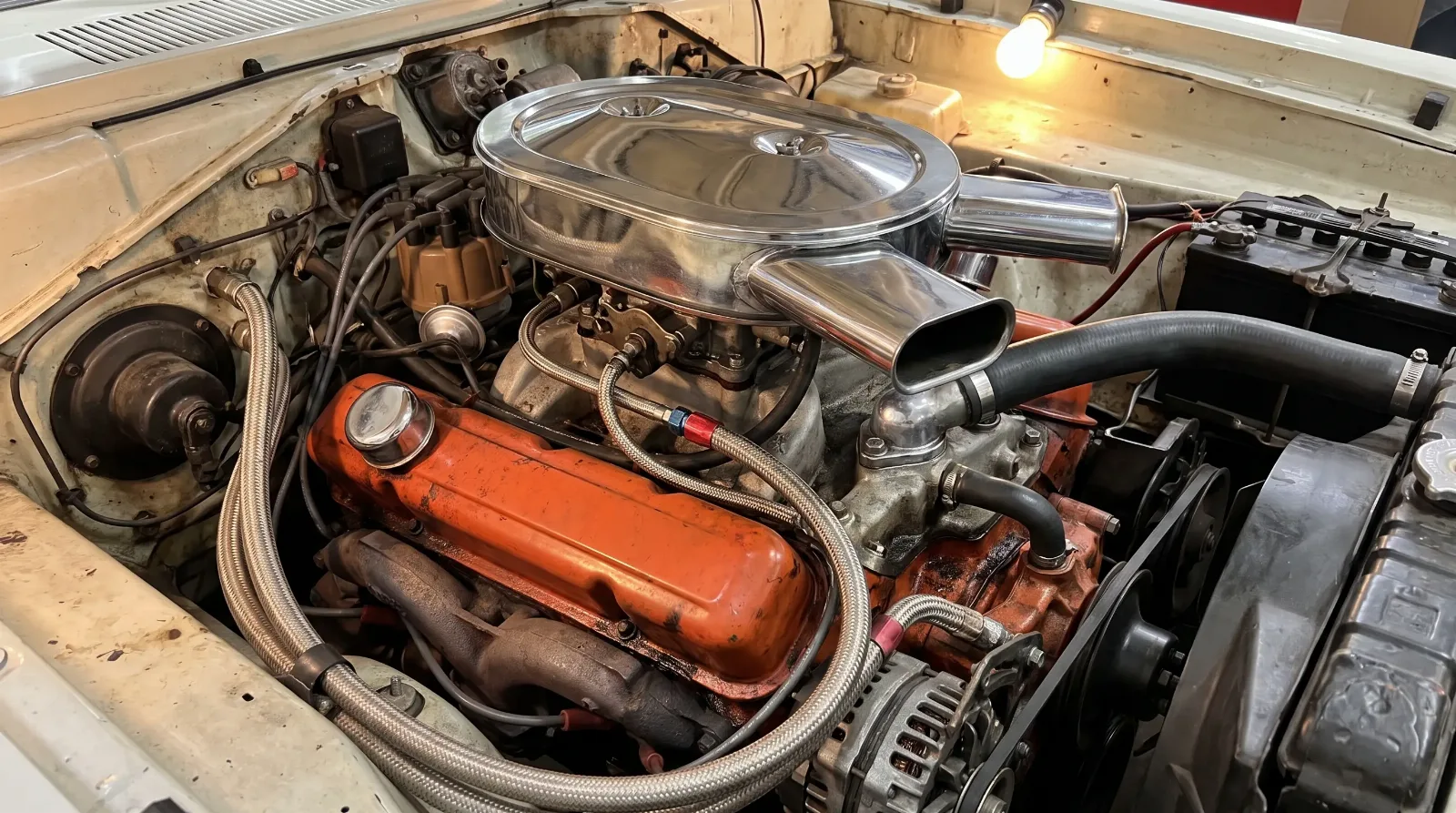 1970 Mopar 340 small-block V8 engine bay with chrome air cleaner and orange valve covers