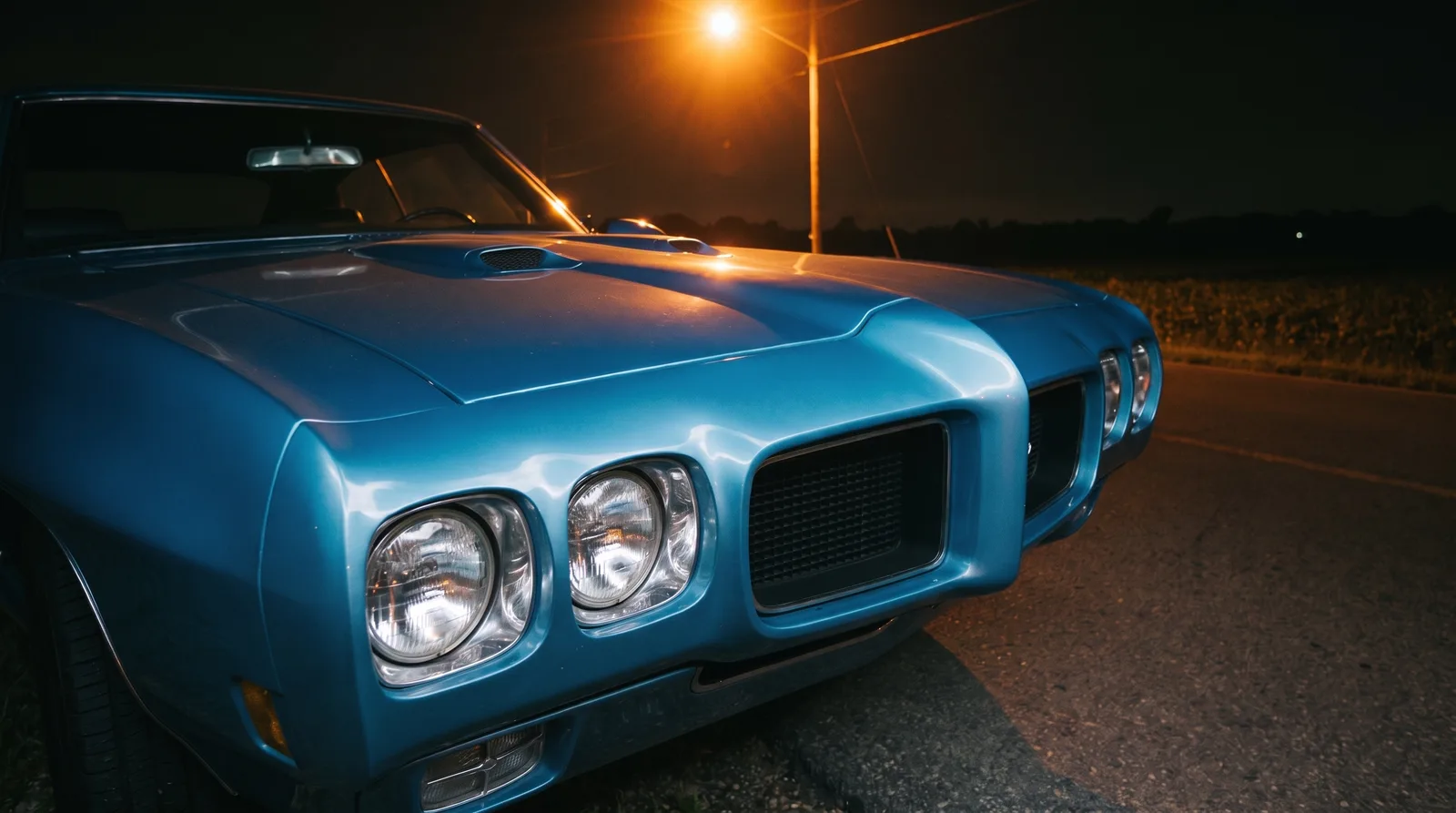 1970 Pontiac GTO Judge, nose detail under a country streetlight