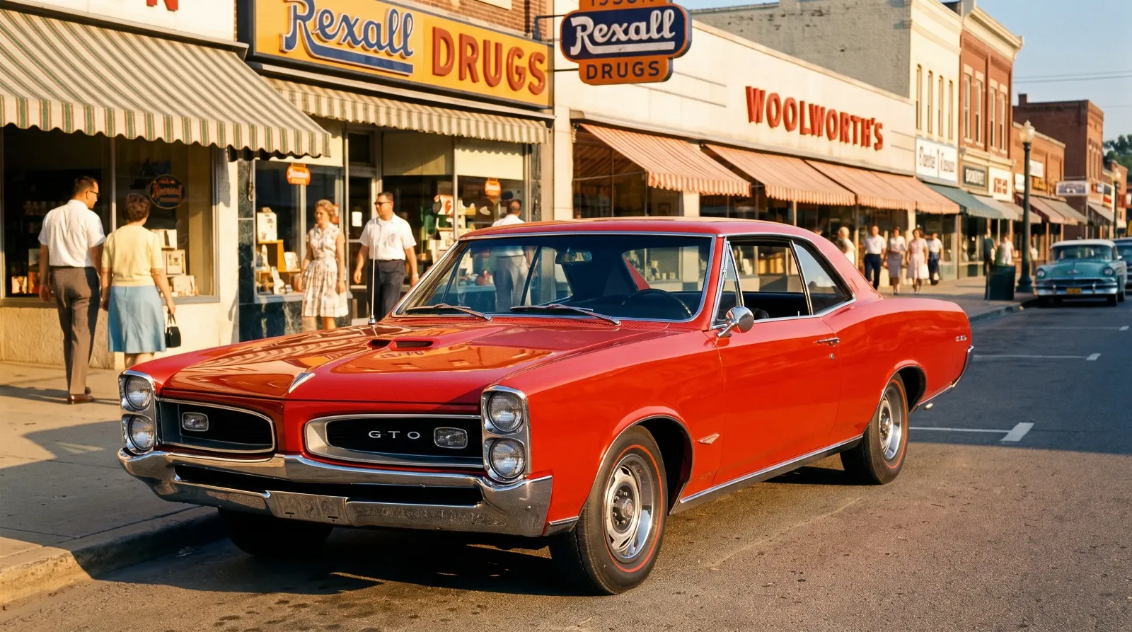 1966 Pontiac GTO in red parked on a 1960s American main street