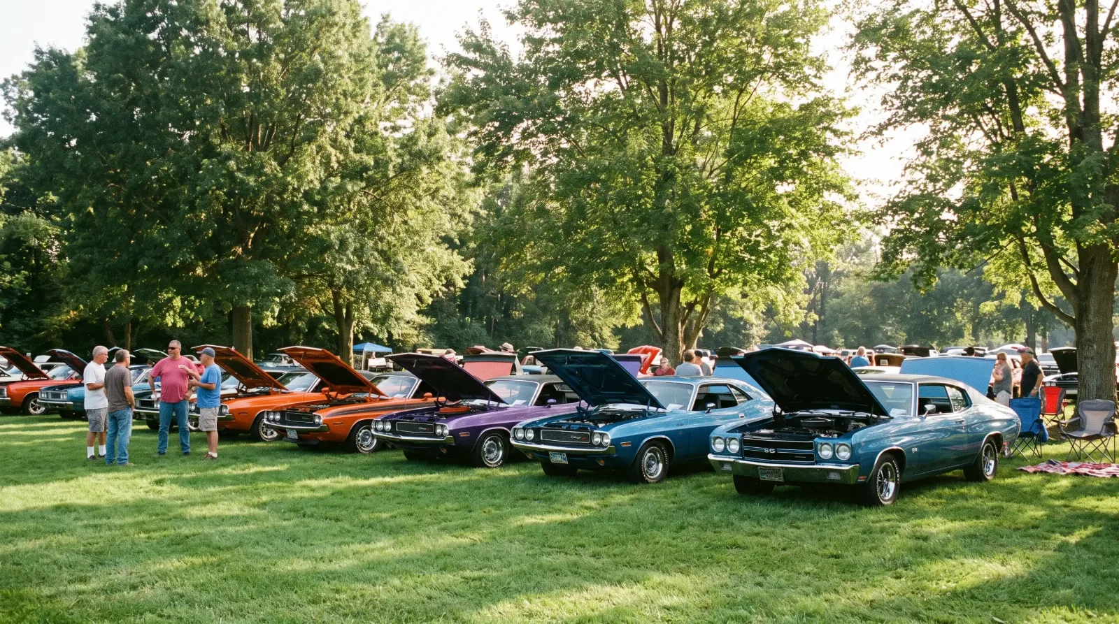 Row of classic muscle cars at an outdoor car club gathering with hoods up