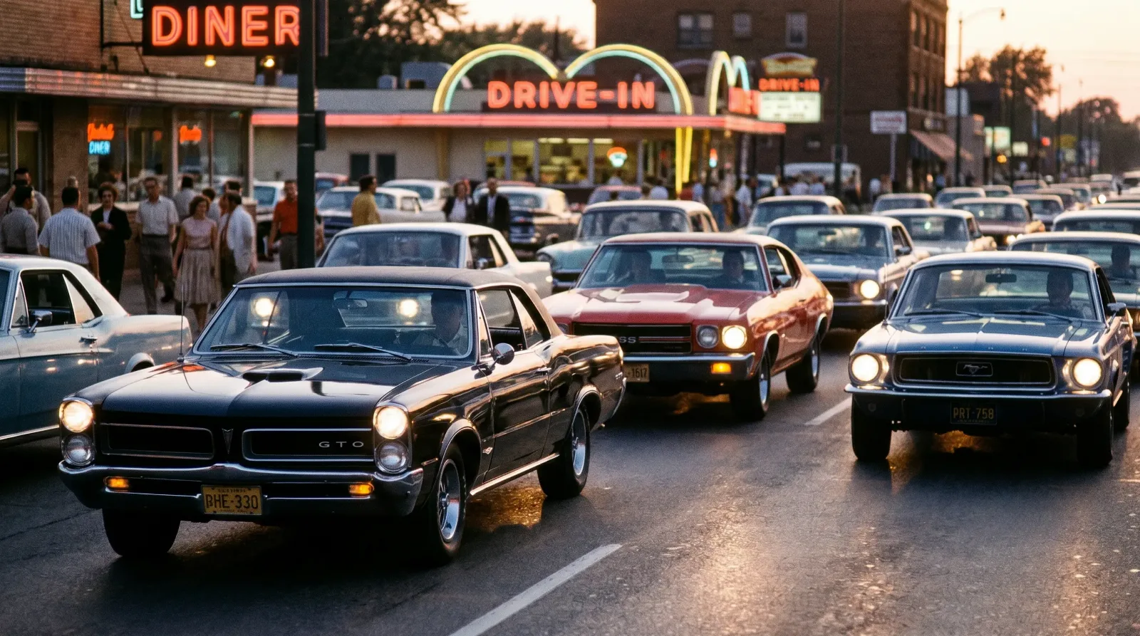 Classic muscle cars on a neon-lit main drag during a 1960s cruise night