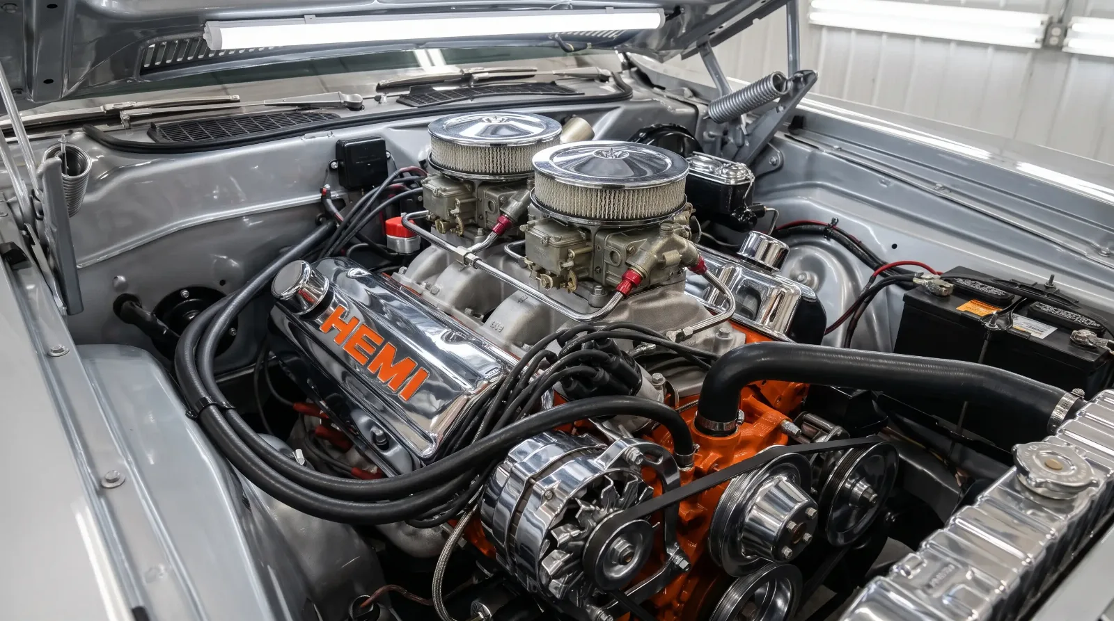 426 Hemi big-block V8 with dual four-barrel carburetors in a 1970 Plymouth Cuda engine bay