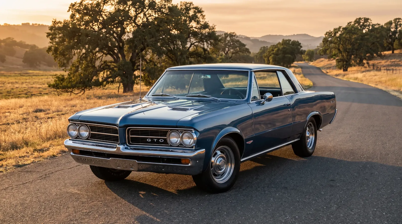 1964 Pontiac GTO in metallic blue front three-quarter view at golden hour