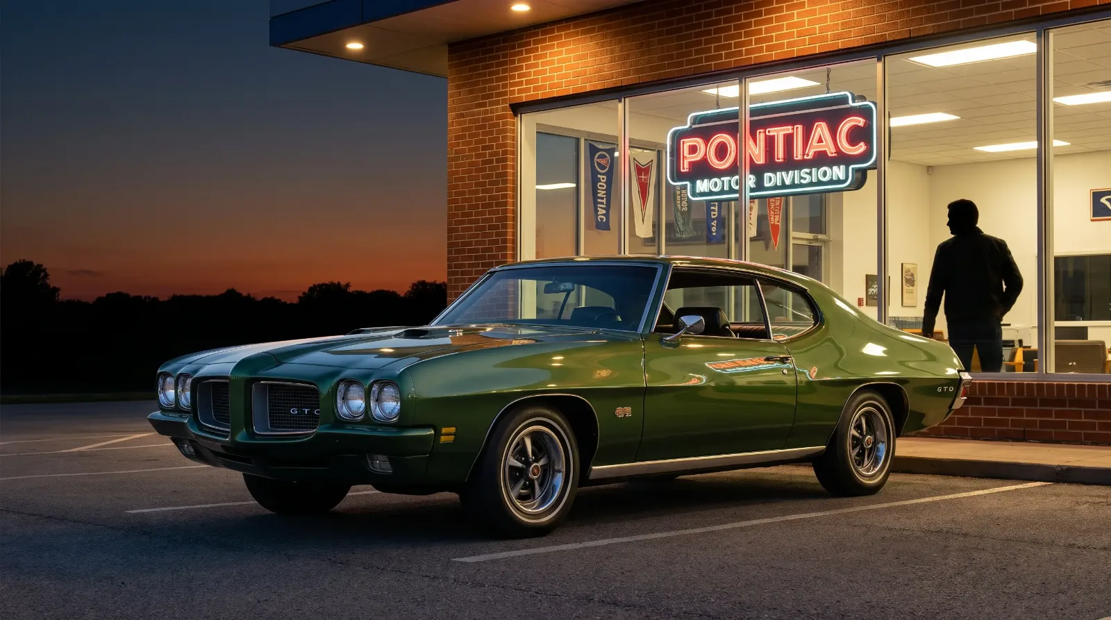 1971 GTO parked outside dealership showroom at dusk