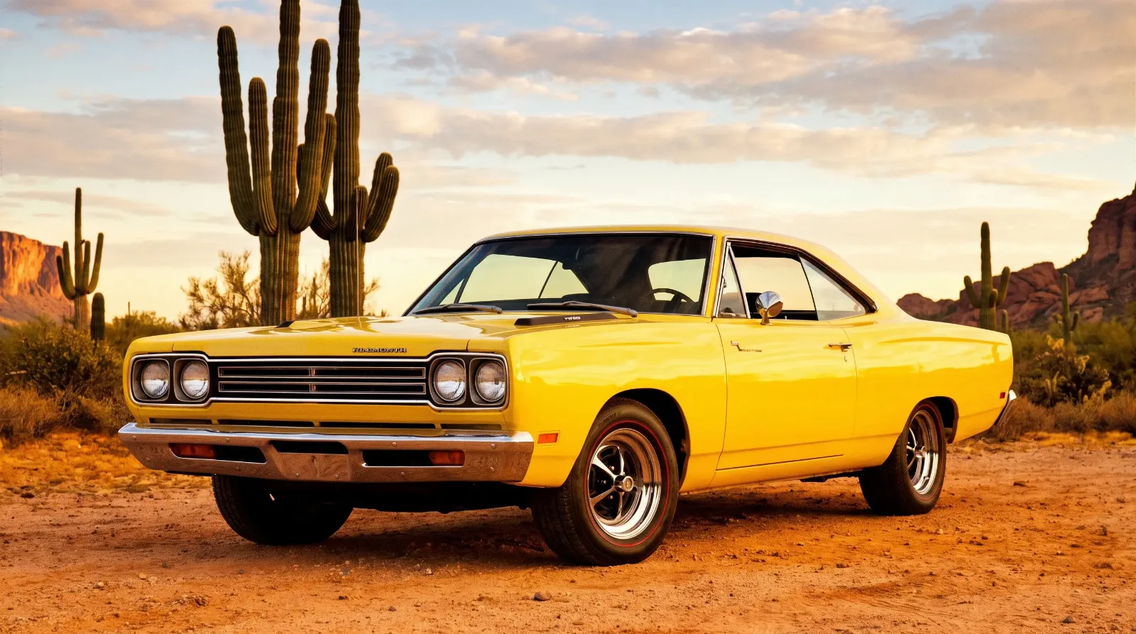 1969 Plymouth Road Runner in yellow, low-angle beauty shot against a desert sky