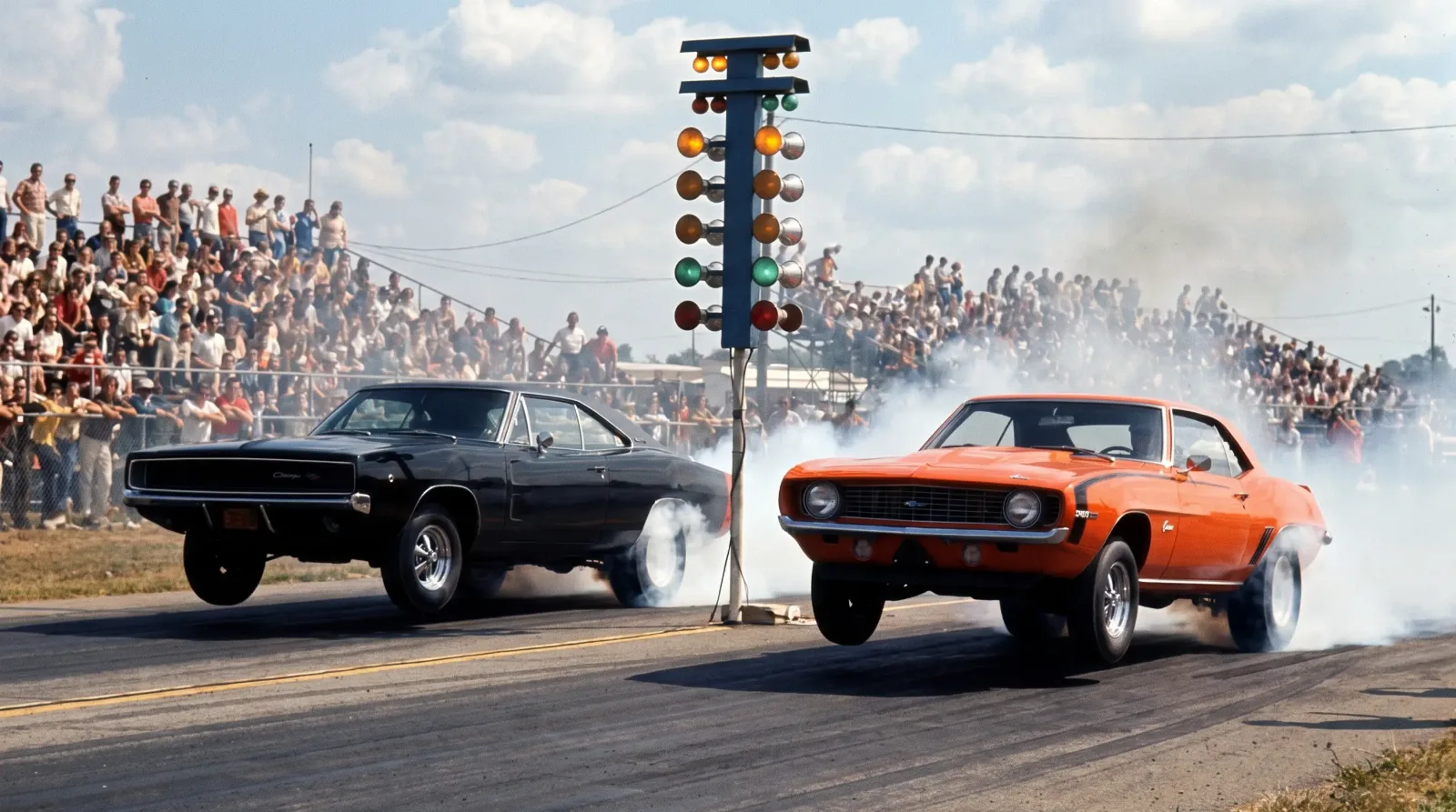 Two vintage muscle cars launching side by side at a 1960s drag strip starting line