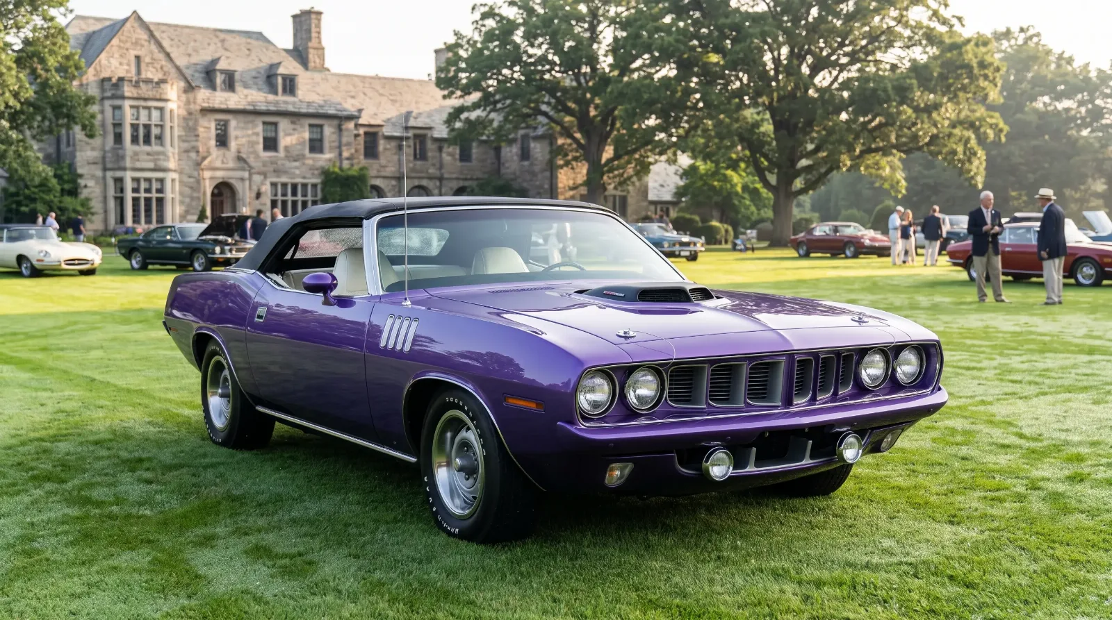 1971 Plymouth Hemi Cuda convertible in purple on a concours show lawn