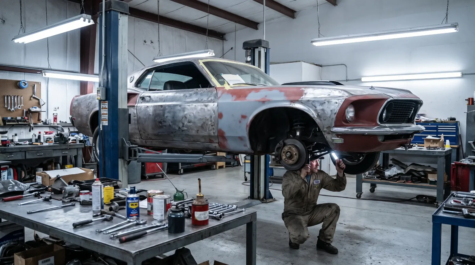 1969 Ford Mustang Mach 1 raised on a shop lift mid-restoration