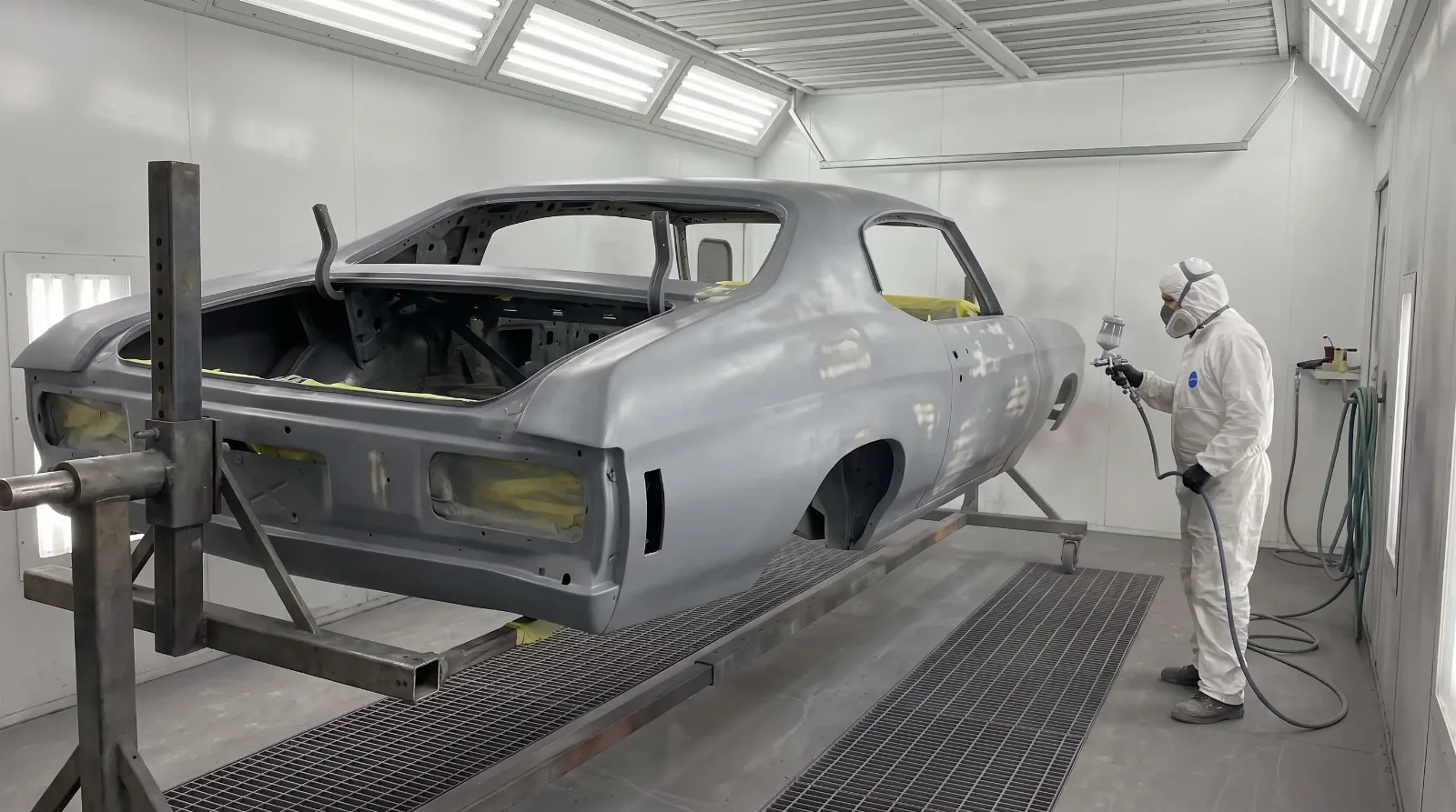Muscle car body shell in gray primer on a rotisserie inside a paint booth