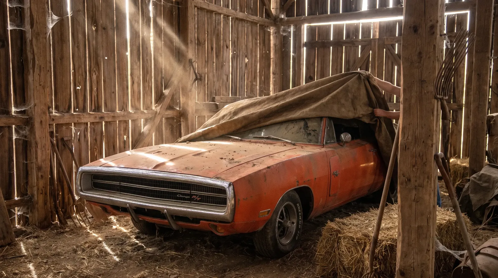 Dusty 1970 Dodge Charger barn find under a tarp in a weathered wooden barn