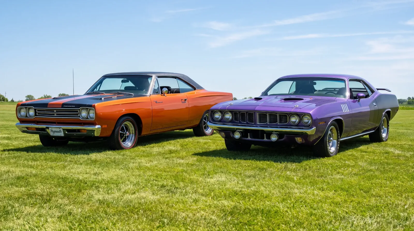 Two classic Plymouth muscle cars from the 1960s and 1970s side by side on a show field