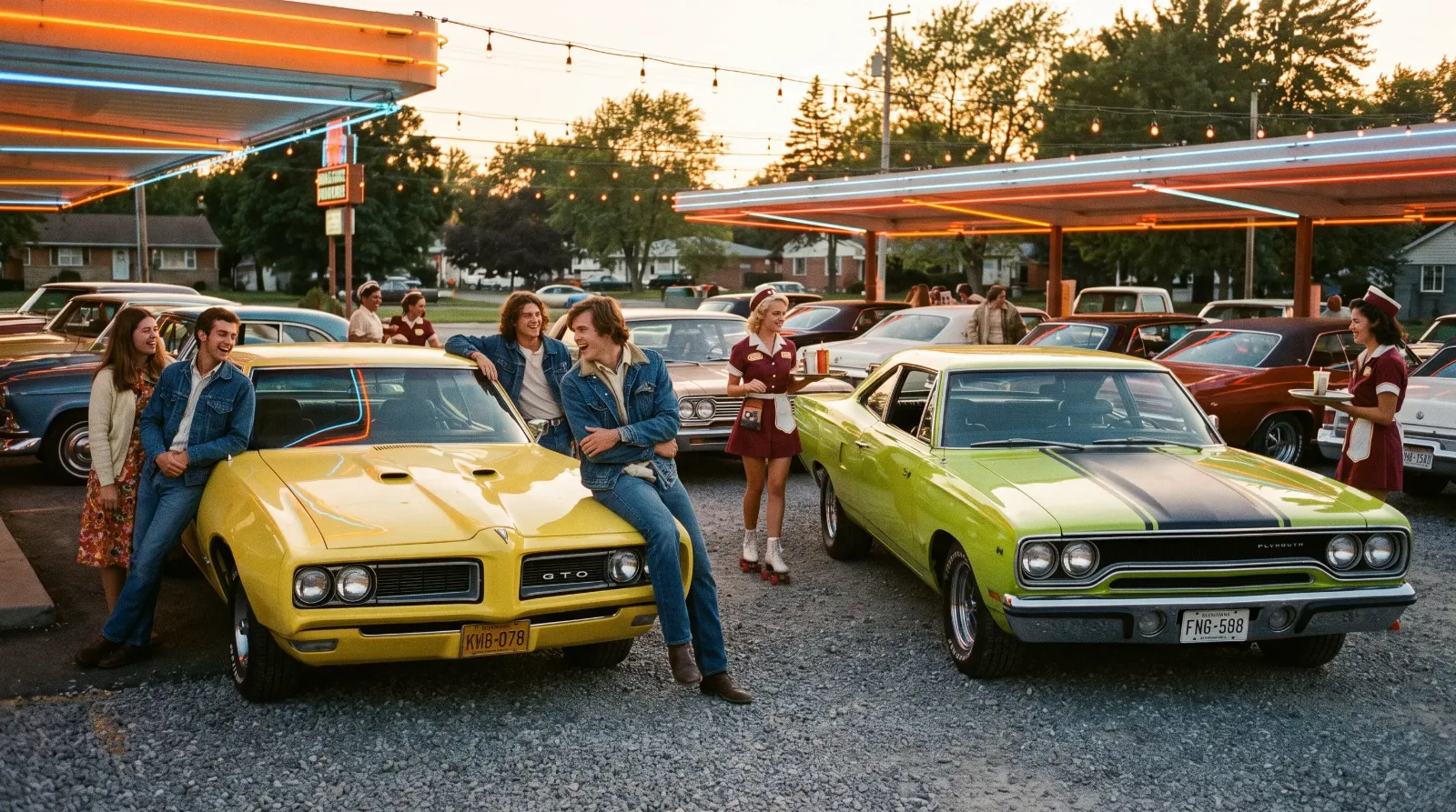 Young people gathered around a yellow 1968 Pontiac GTO at a 1960s drive-in at dusk