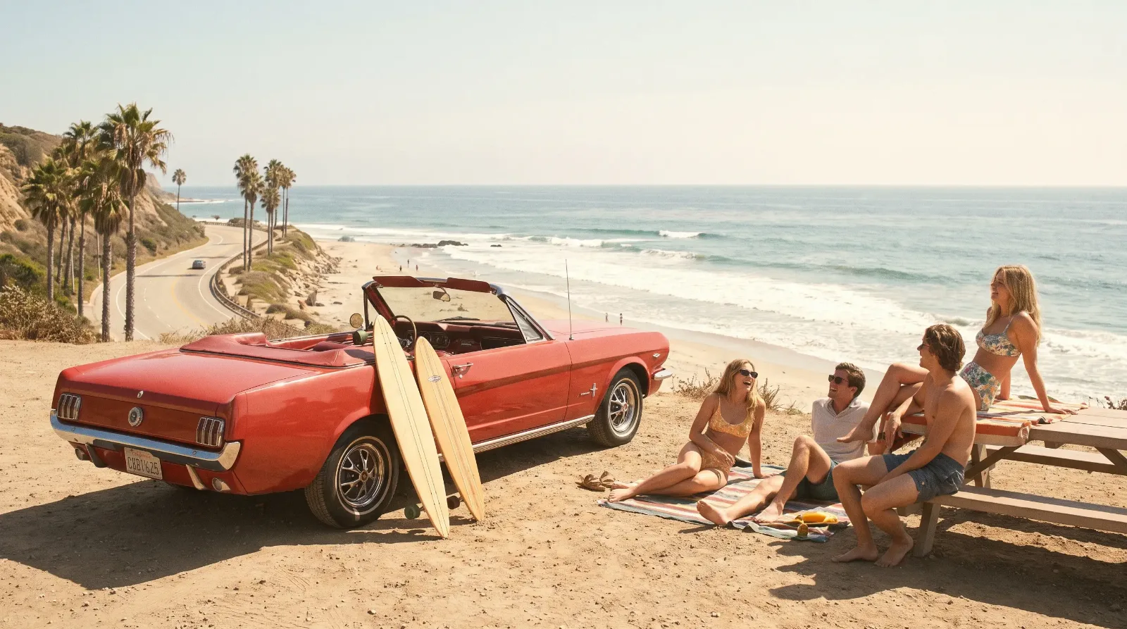 Red 1965 Ford Mustang convertible with surfboards at a sunny California beach overlook