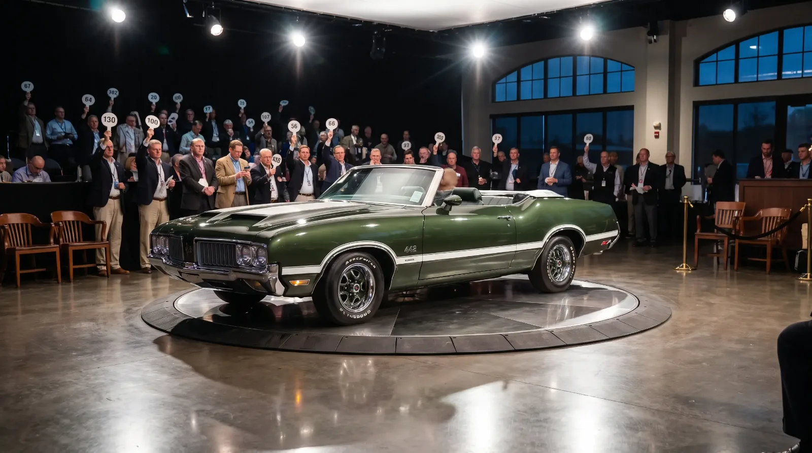 Dark green 1970 Oldsmobile 442 on a lit auction block with bidders raising paddles