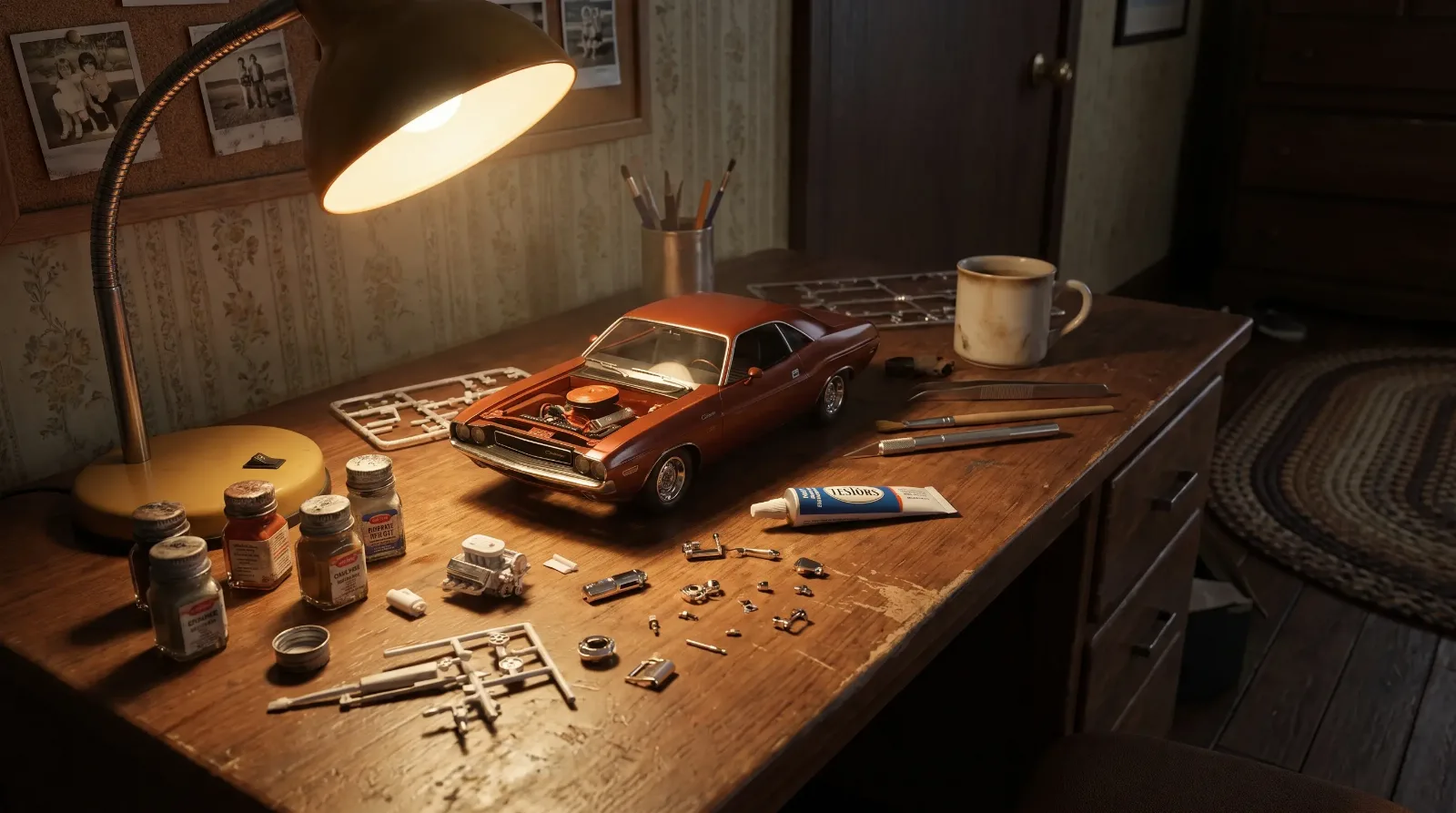Partly built 1/25 scale plastic muscle car model kit with parts and glue on a workbench